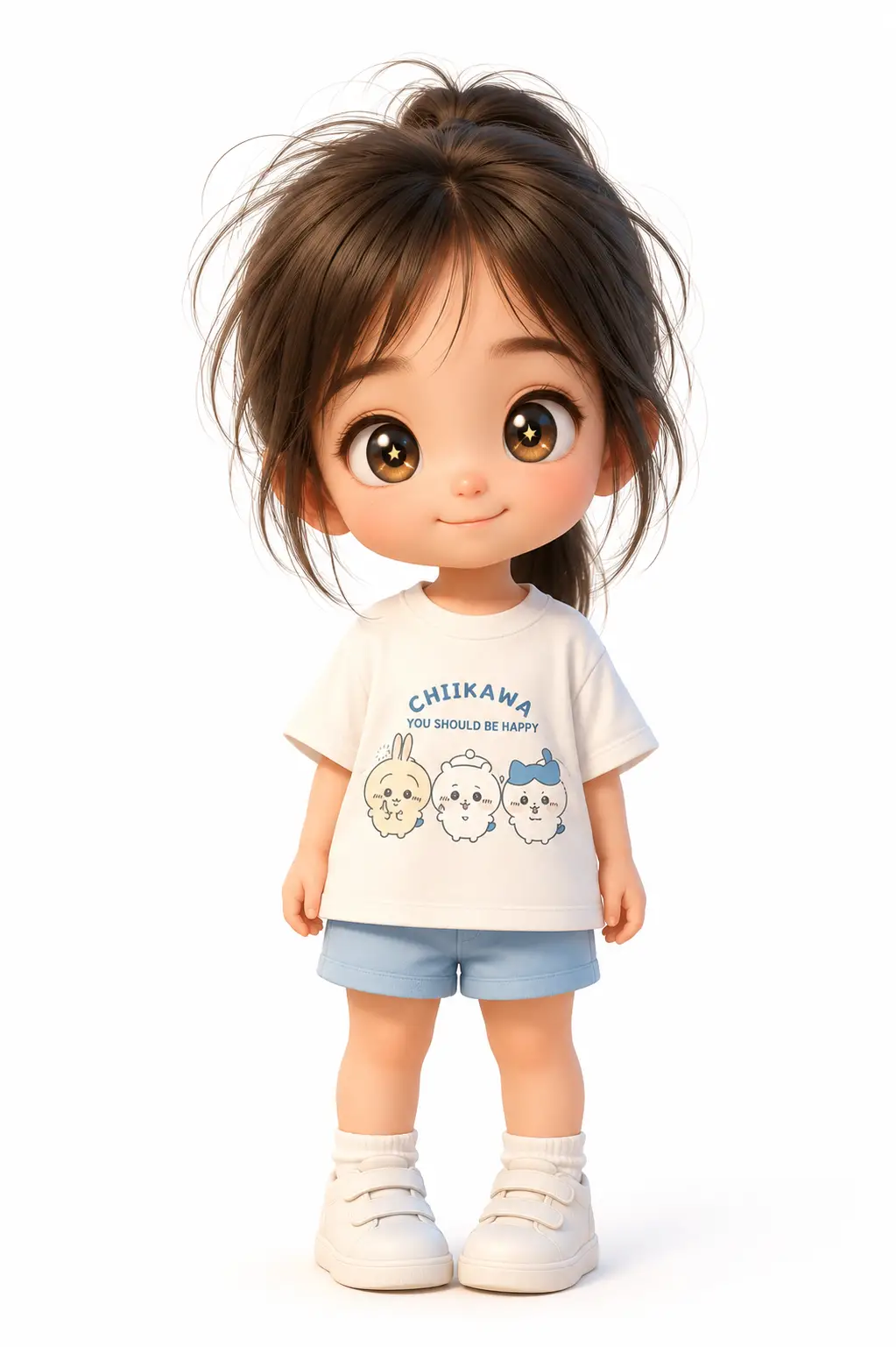 Chibi 3D girl with big sparkling eyes on white background