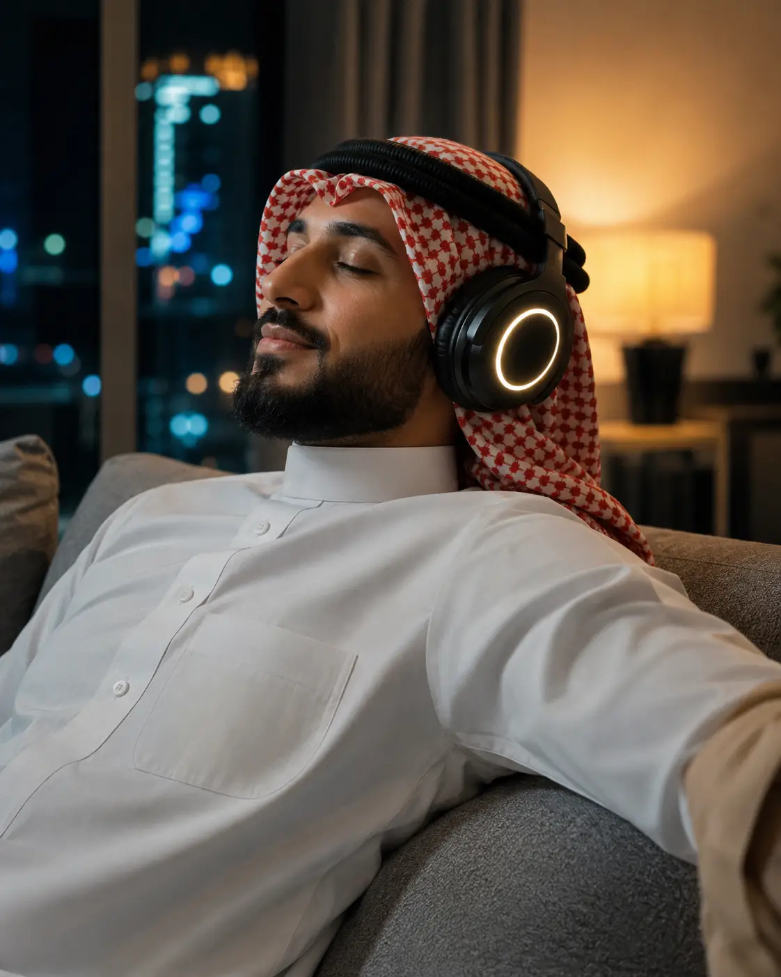 Homem do Oriente Médio relaxando à noite no sofá com fones de ouvido