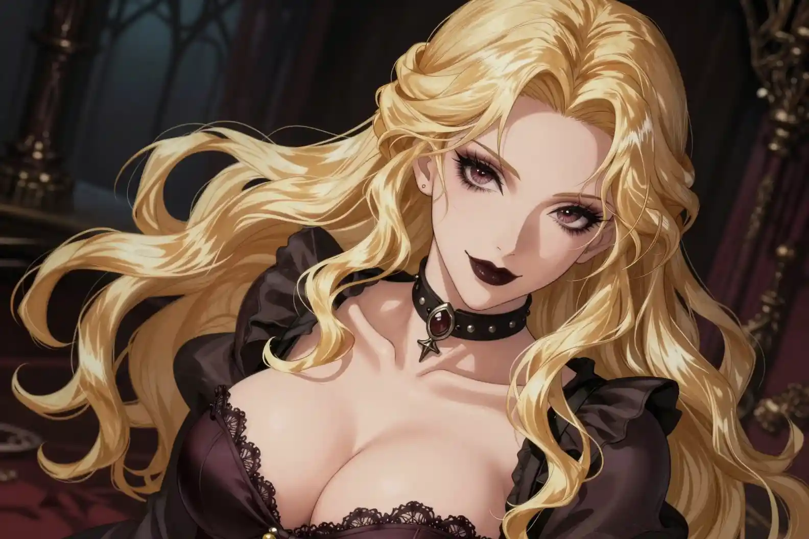 Gothic anime woman with long blonde hair and choker