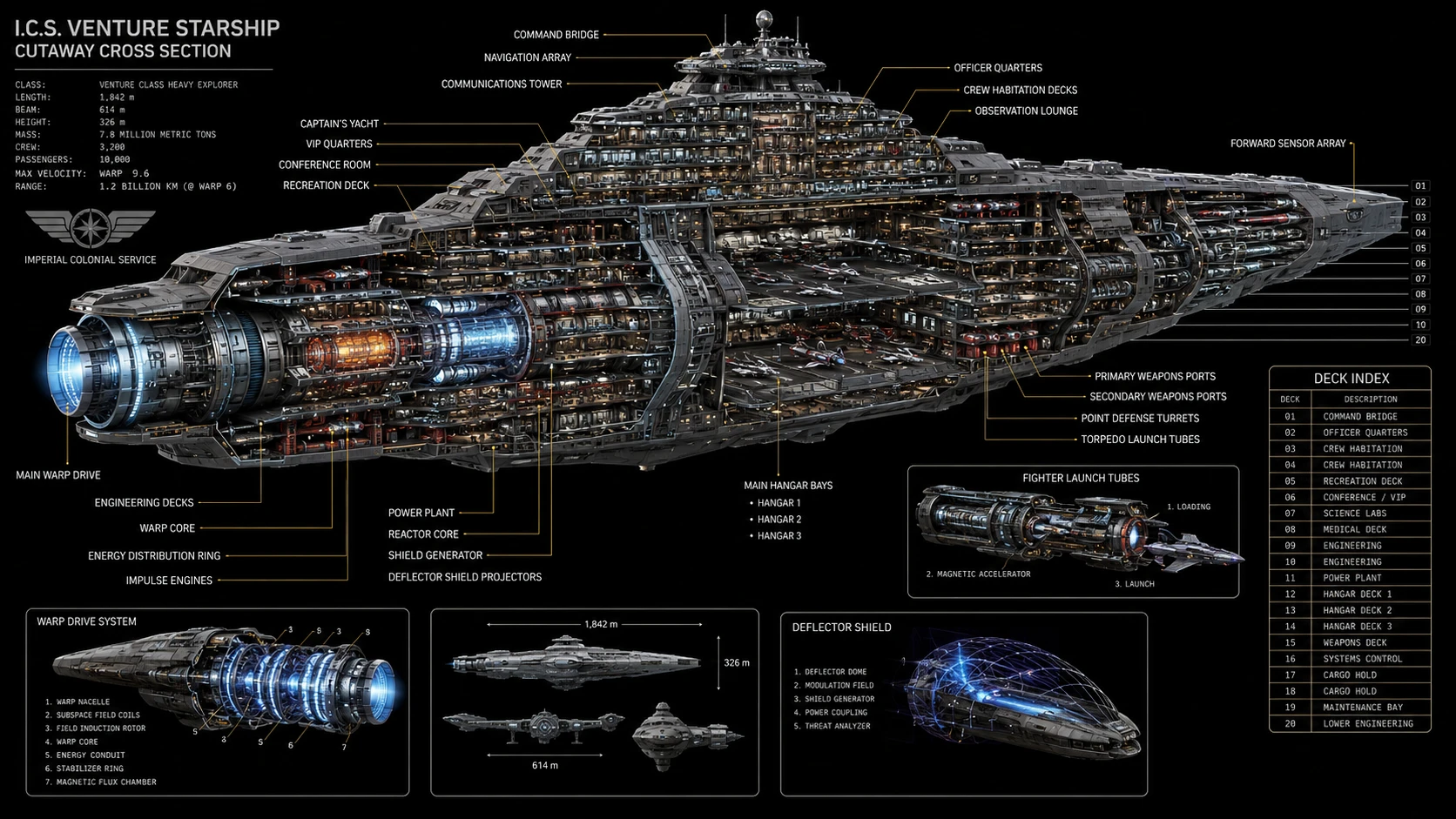 Sezione trasversale in cutaway di un’enorme astronave multideck
