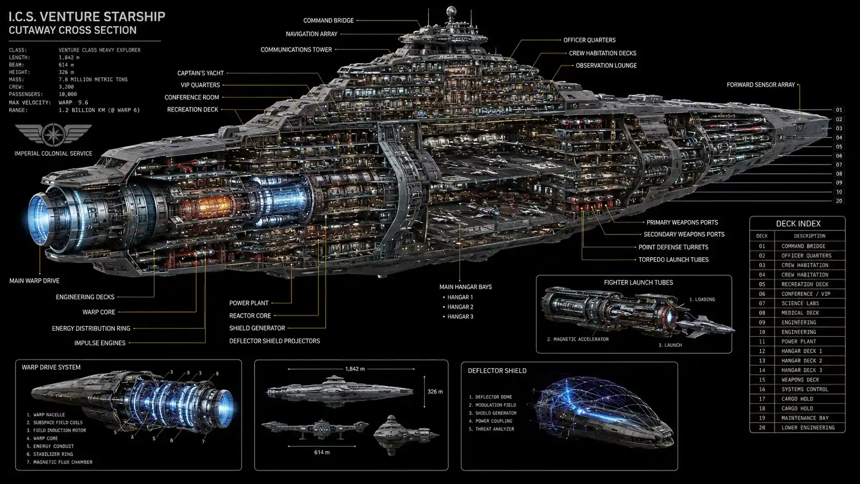 Sezione trasversale in cutaway di un’enorme astronave multideck