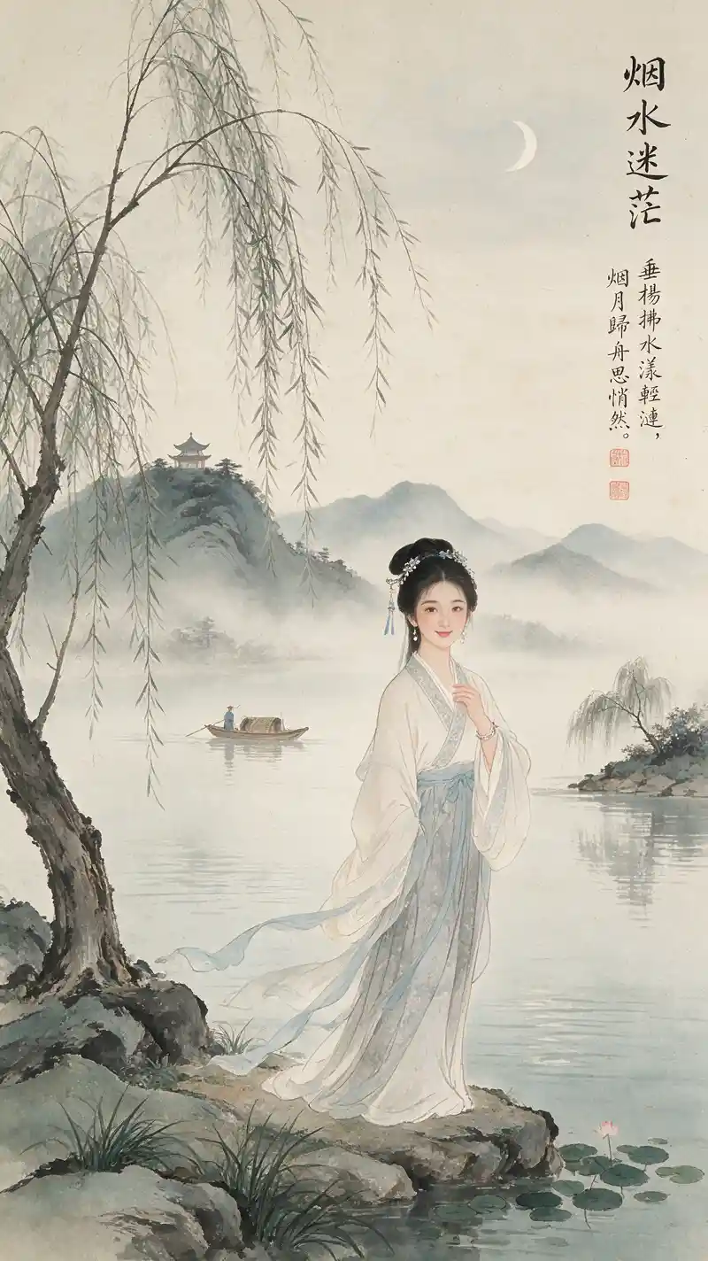 Woman in flowing hanfu in serene ink landscape