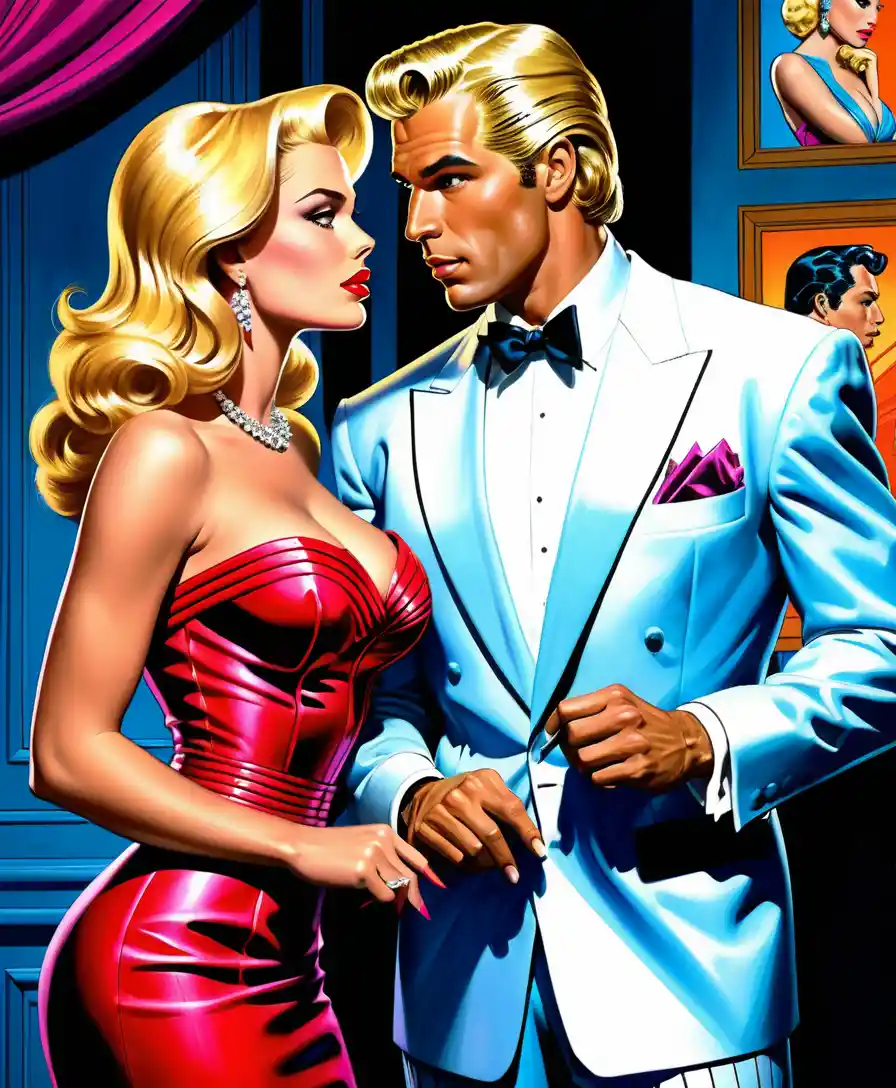 Pin-up rubia con glamuroso vestido de gala en estilo grafiti neón