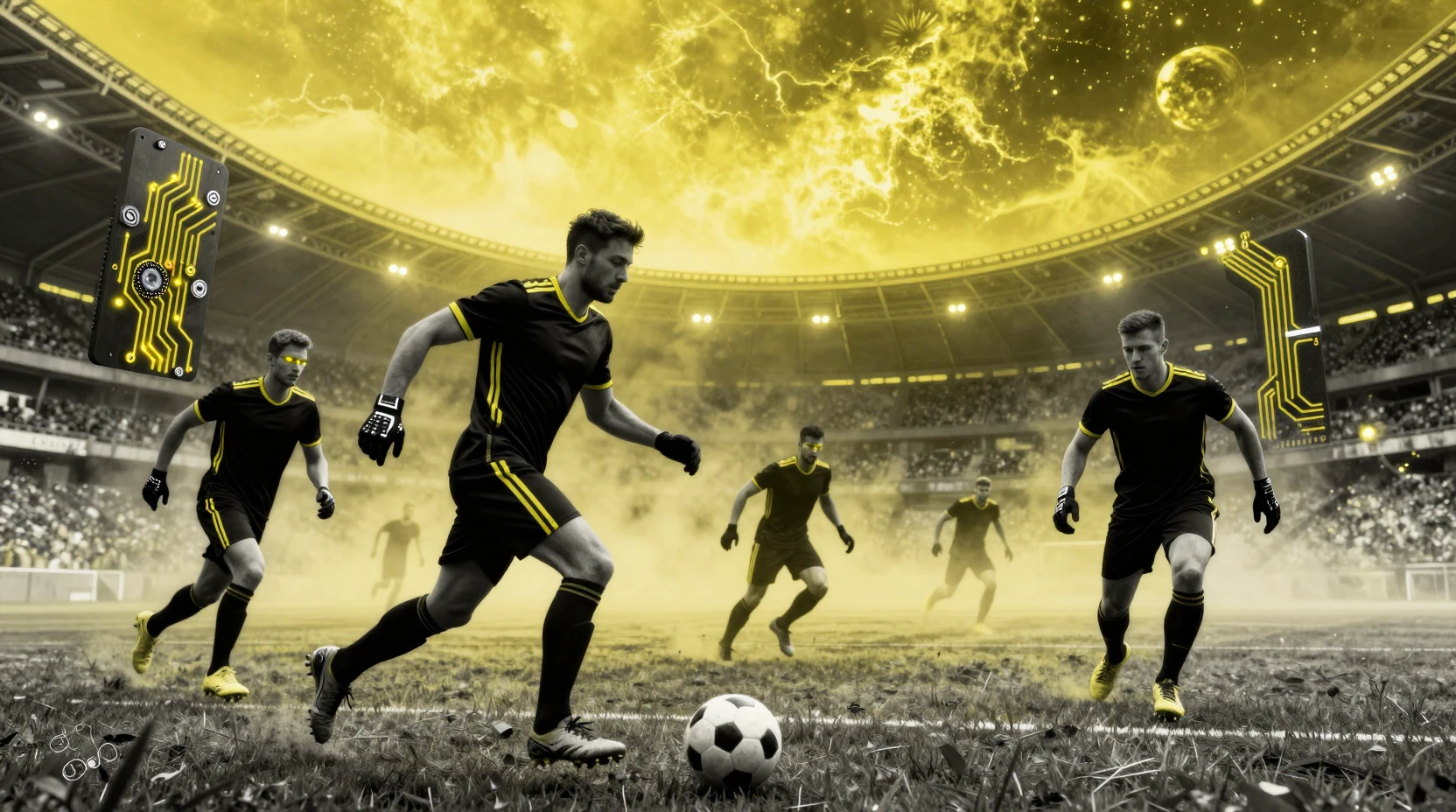 Jogadores de futebol futuristas com armadura neon sob um céu amarelo