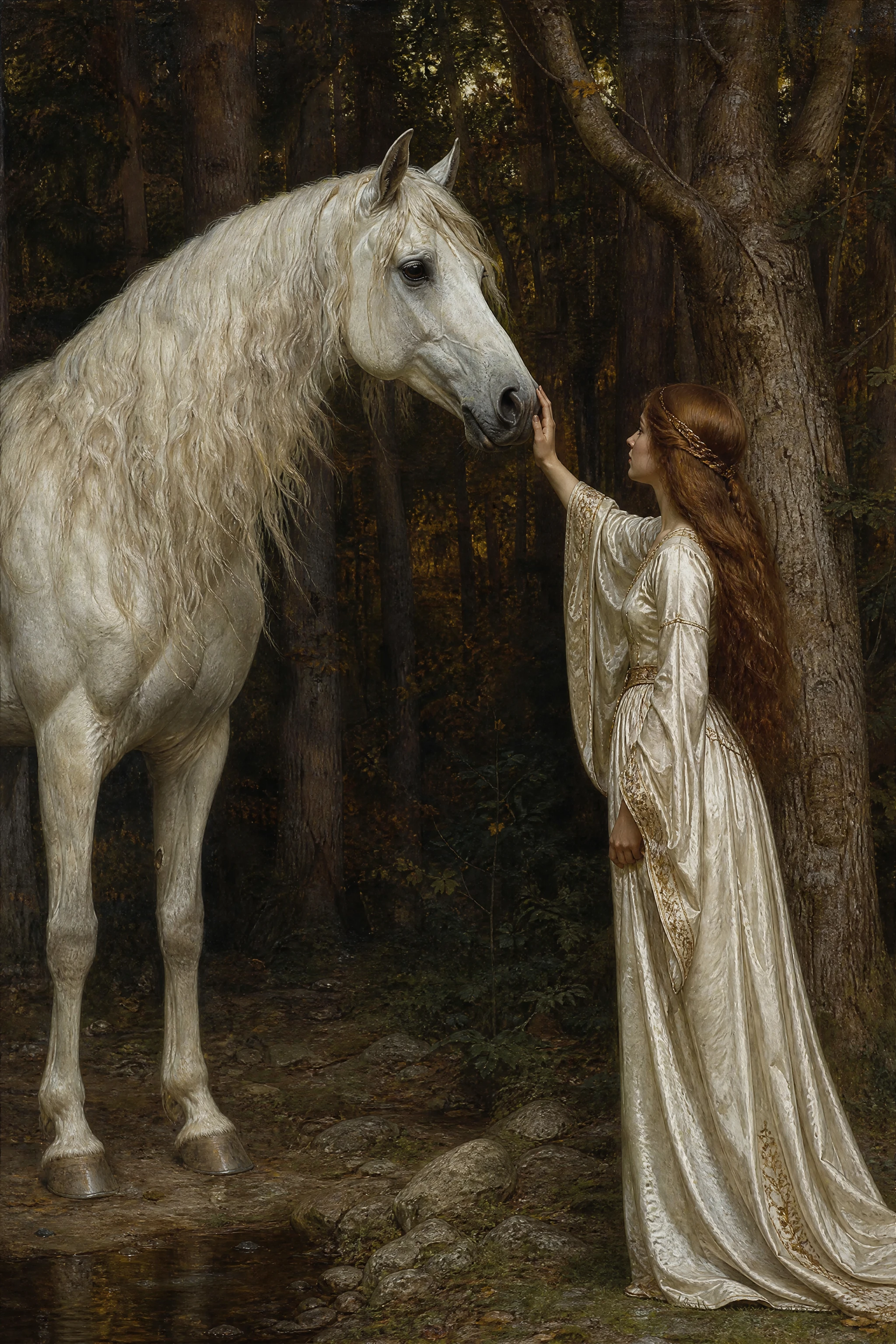 Young woman calming a white horse among forest trees