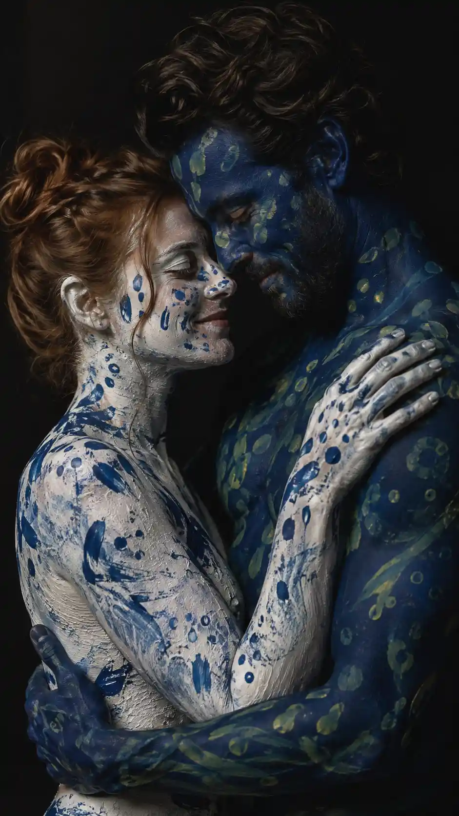 Casal pintado se abraçando em retrato artístico íntimo