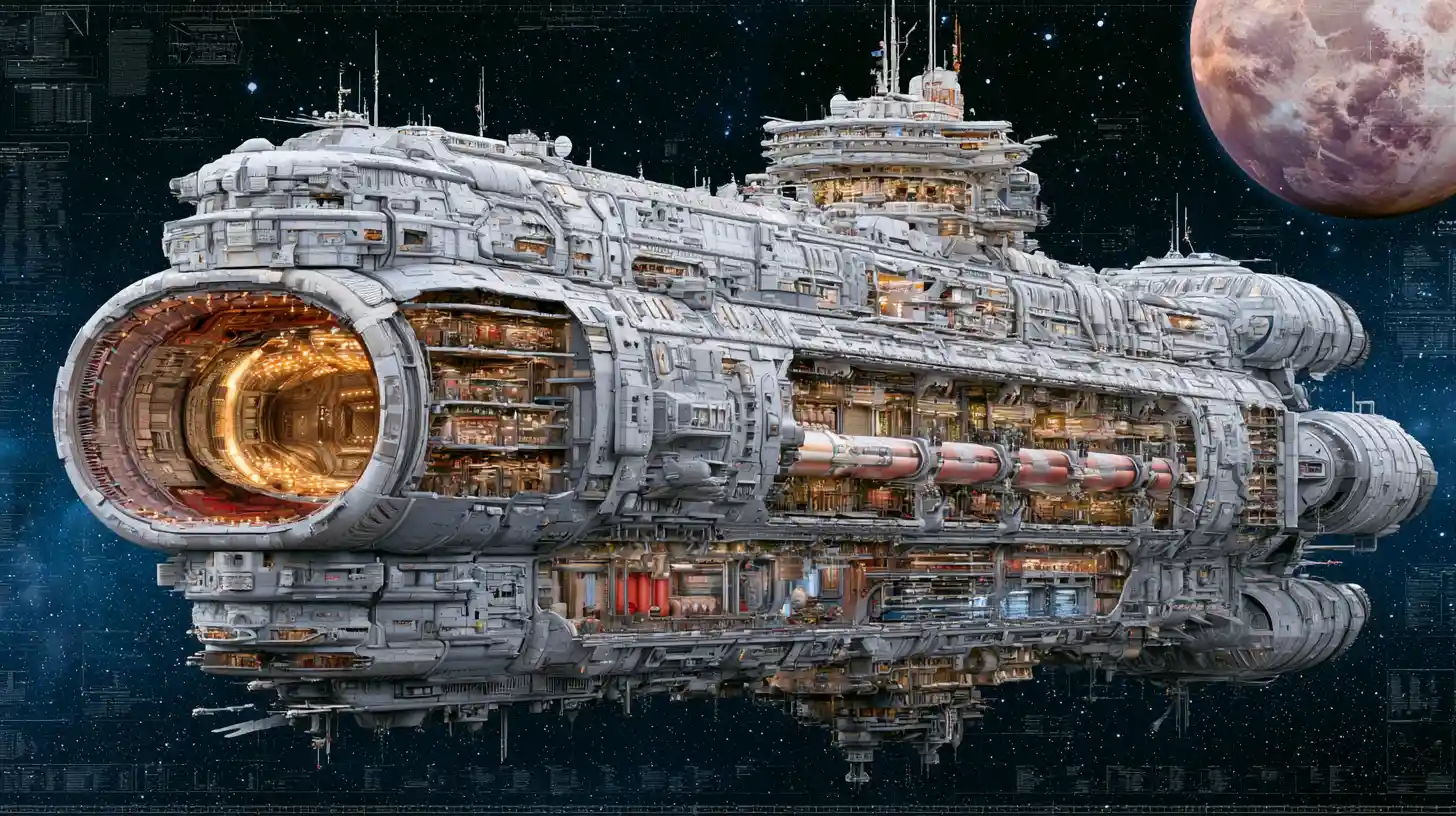 Corte transversal seccionado de una nave espacial masiva en diagrama de ingeniería