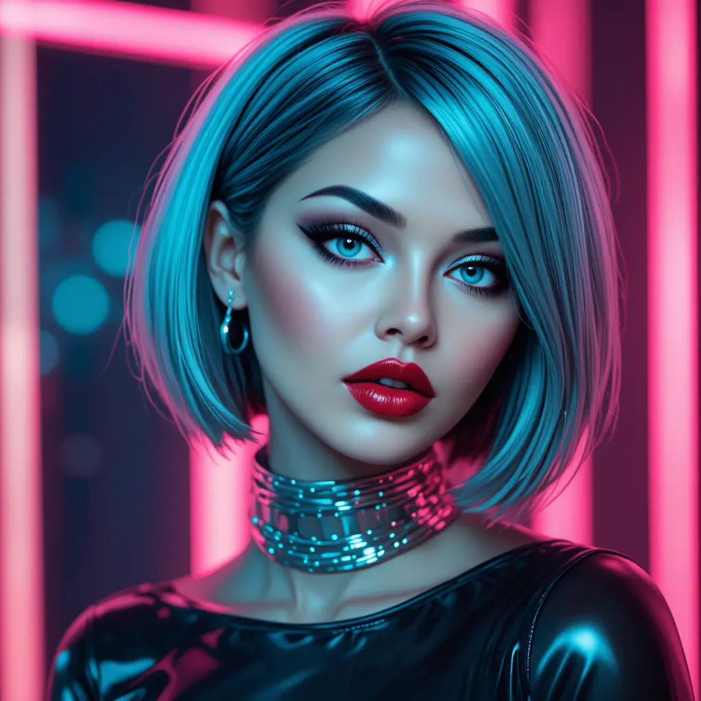 Retrato neon futurista de uma mulher com cabelo chanel verde-azulado