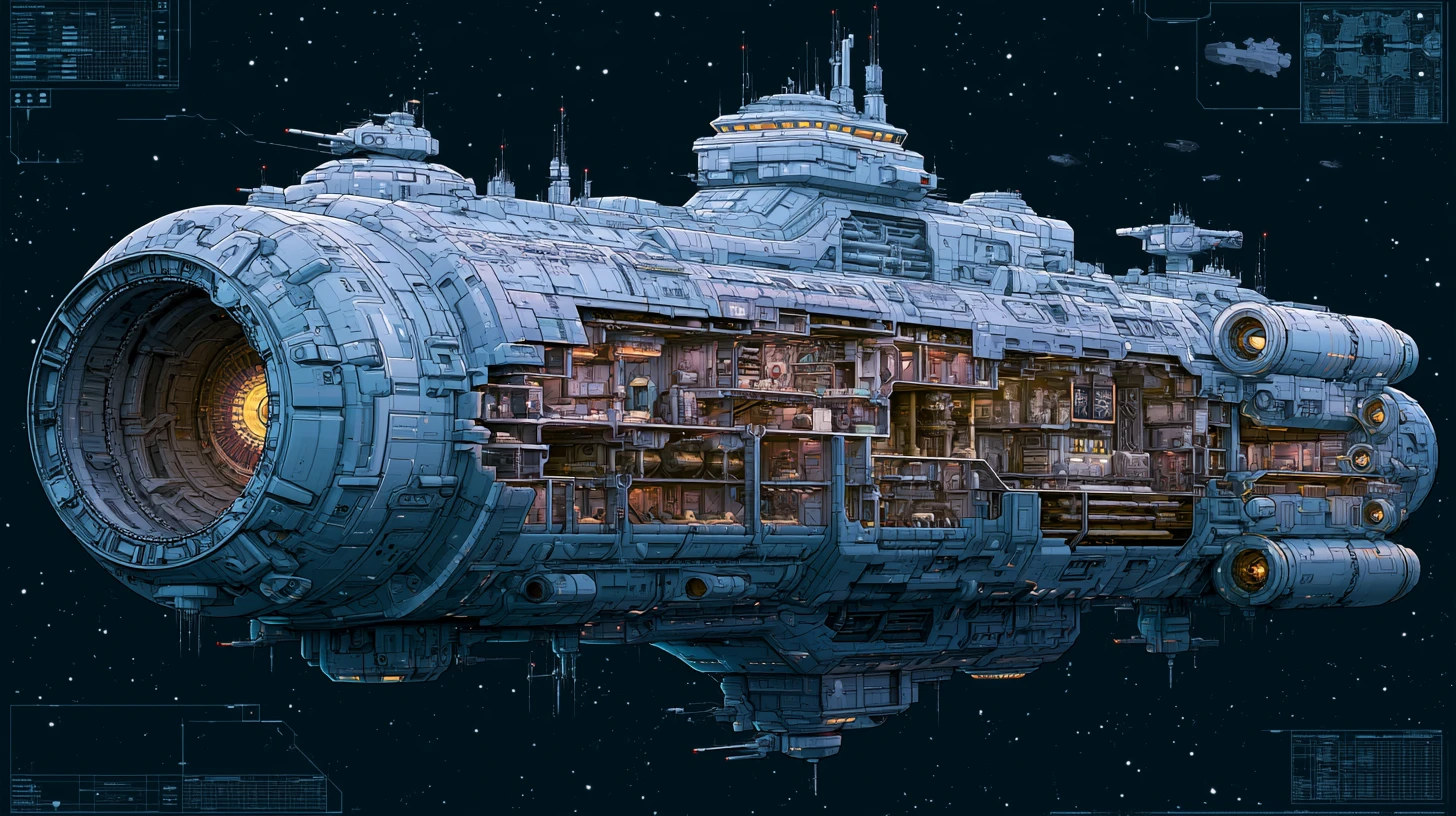 Cutaway technical diagram of a massive multi deck spaceship