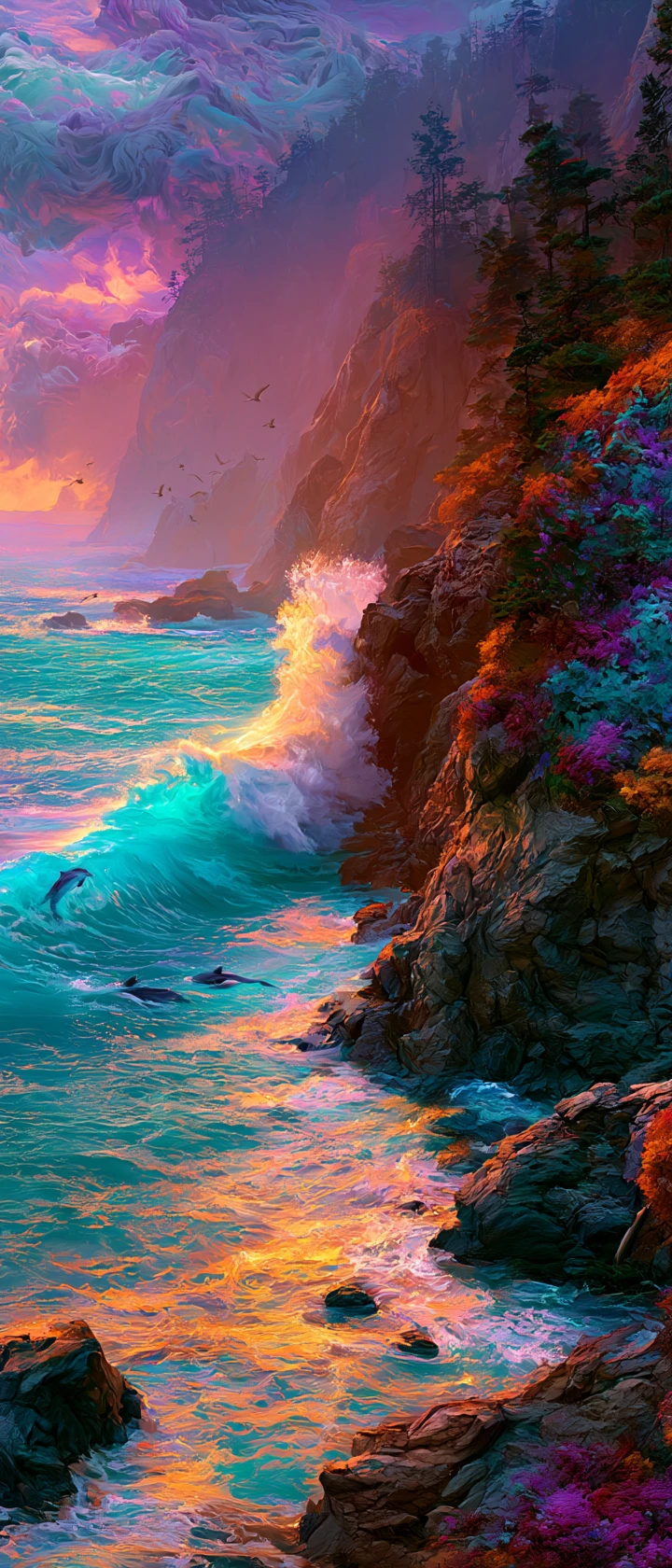 Turquoise ocean wave crashing against a dramatic rocky coastline