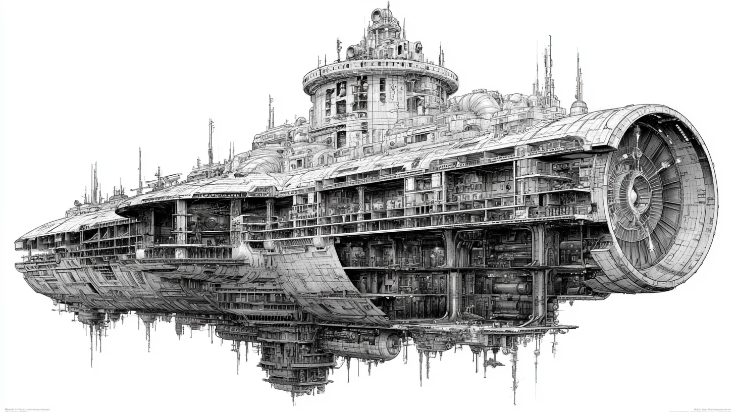 Cutaway diagram of a giant multi deck spaceship in space