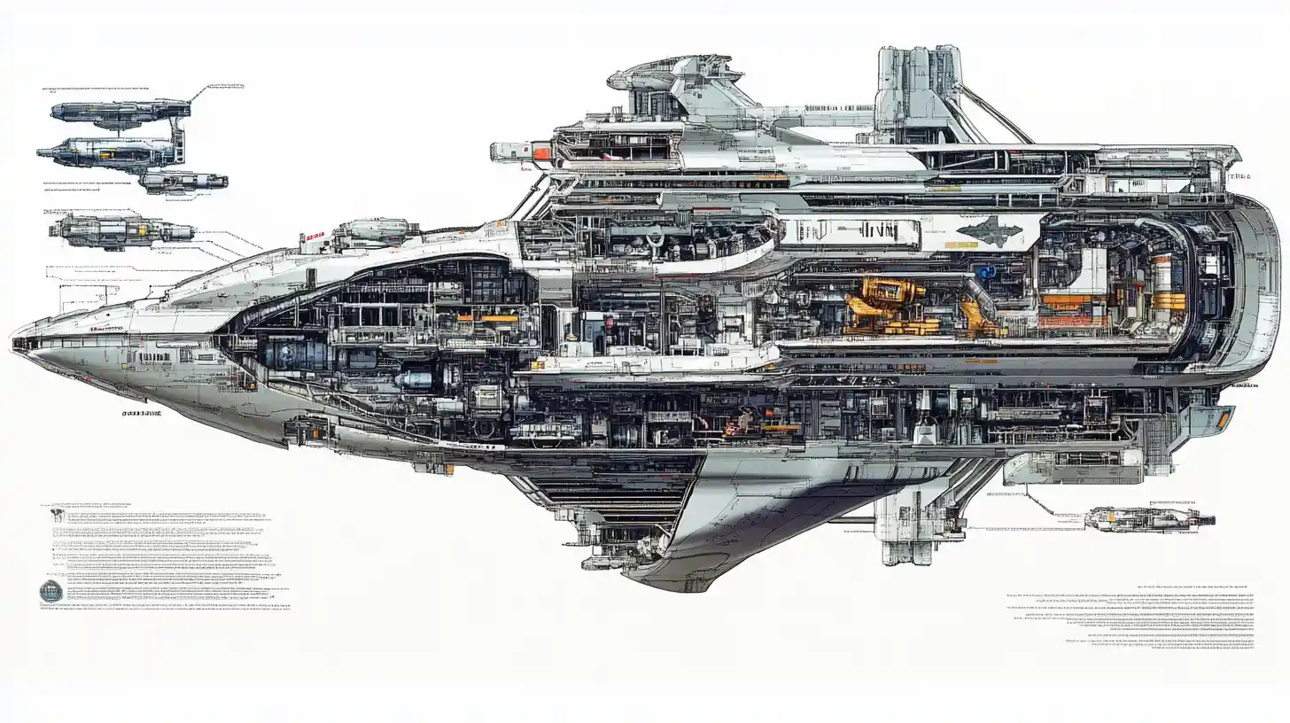 Cutaway cross section of a gigantic multi deck spaceship diagram