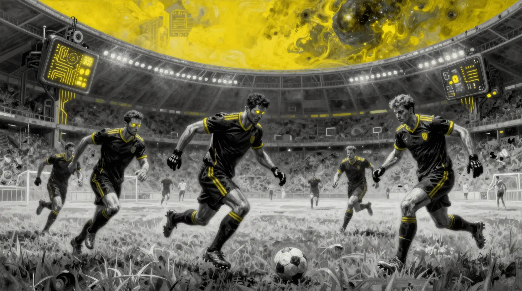Futuristische Sci-Fi-Fußballspieler in Neonrüstung