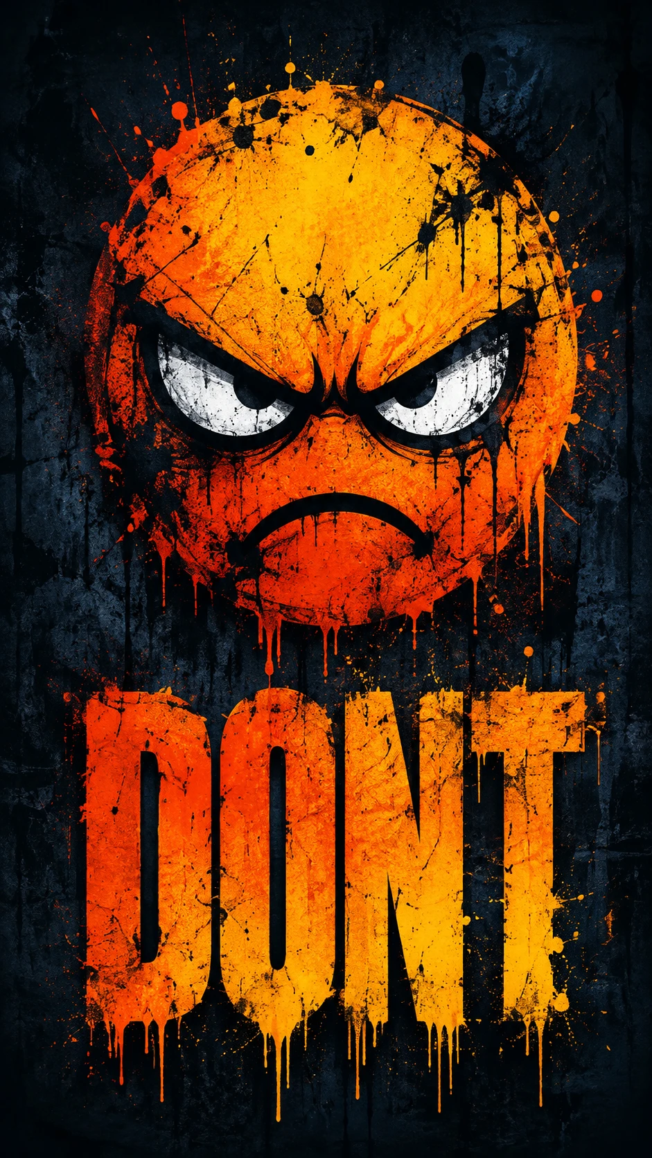 Angry glowing emoji with street art graffiti text