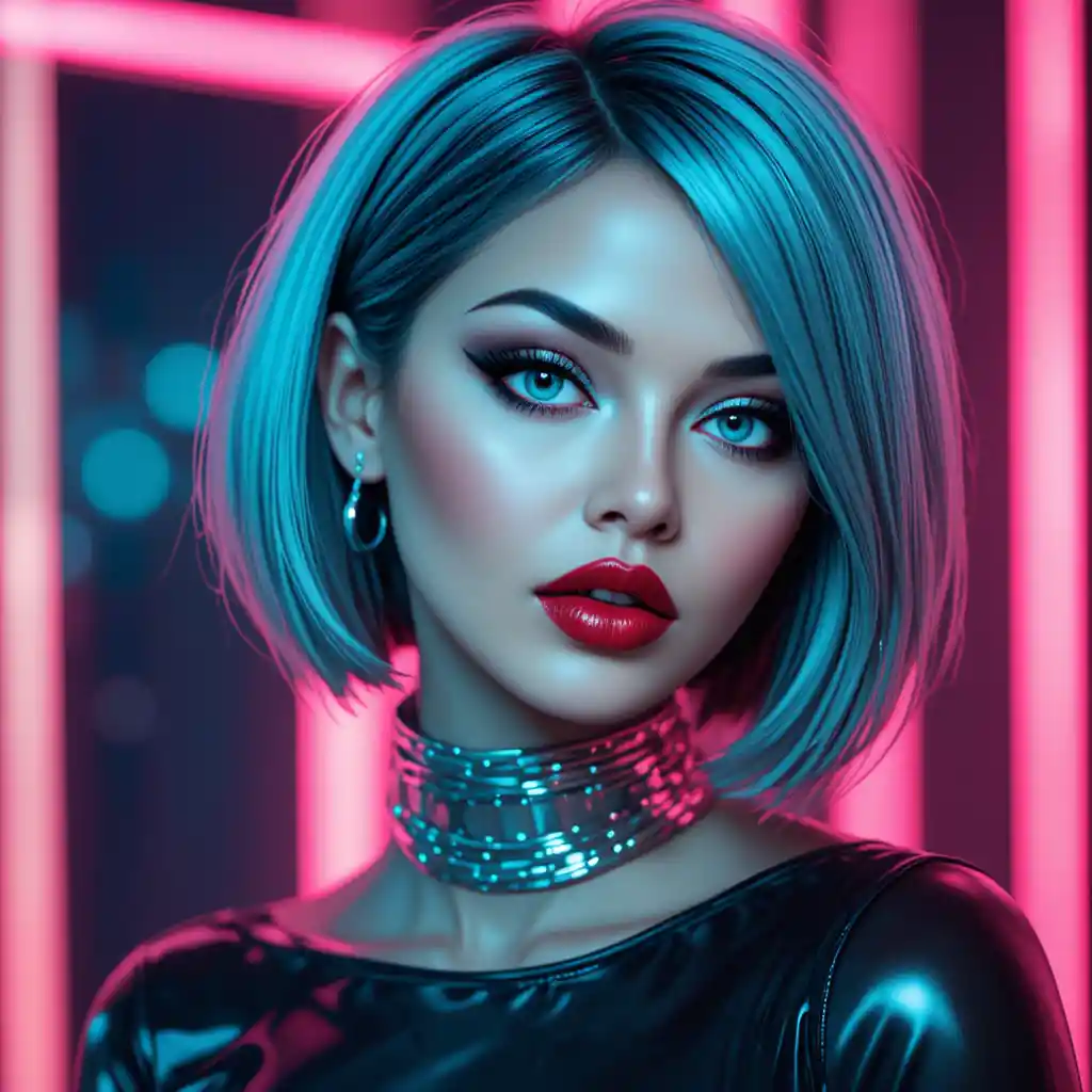 Retrato neon futurista de uma mulher com cabelo chanel verde-azulado