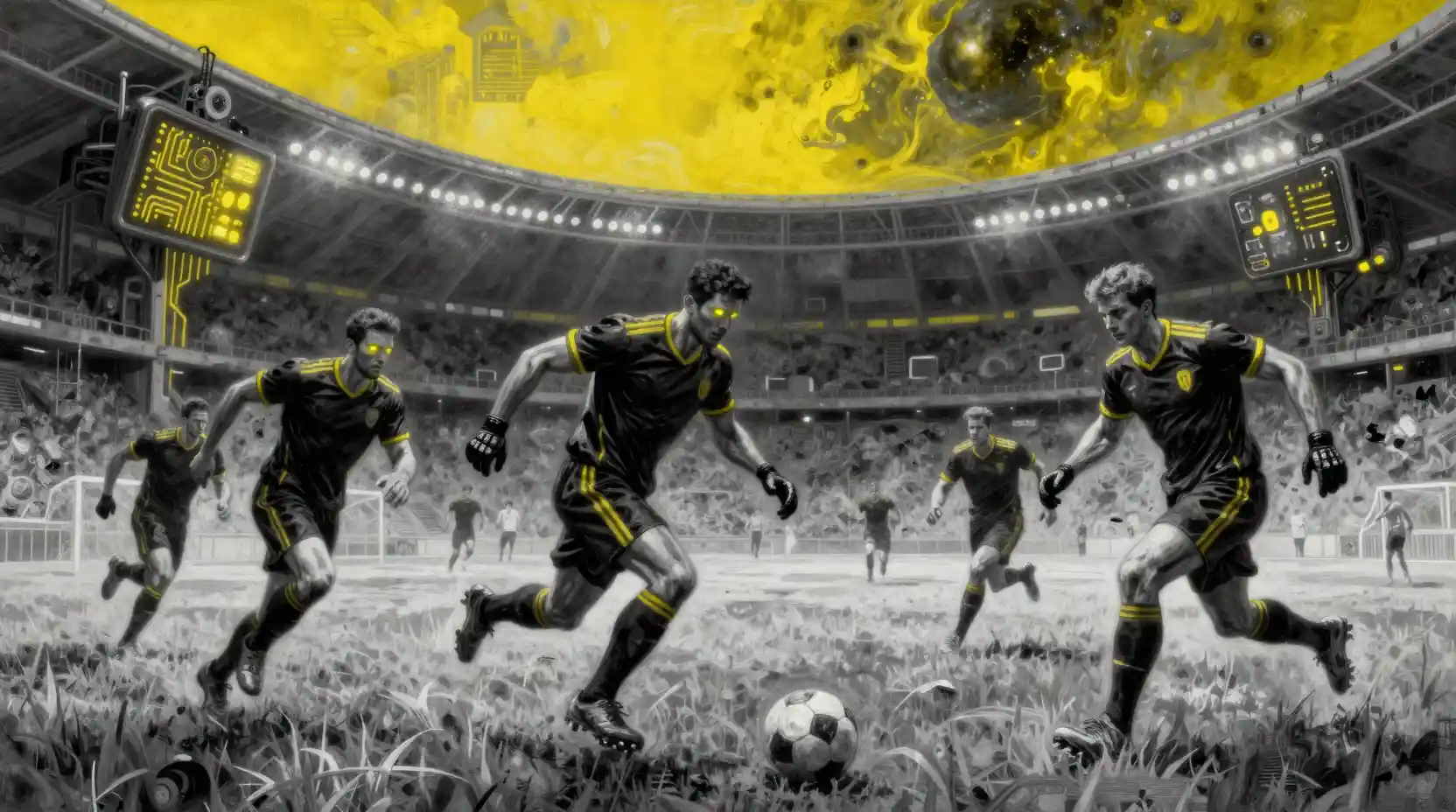 Futuristic sci fi soccer players in neon armor