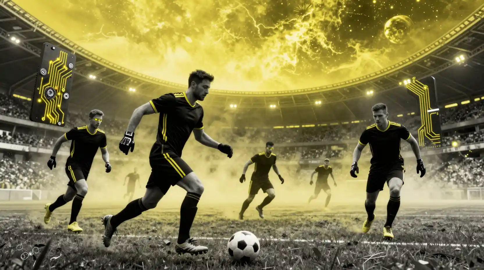 Jogadores de futebol futuristas com armadura neon sob um céu amarelo