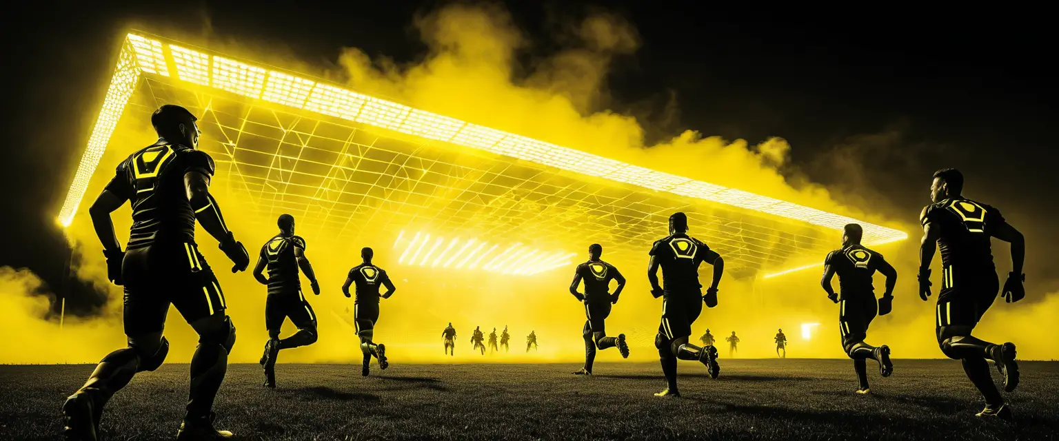 Jogadores de futebol sci-fi futuristas em um estádio iluminado