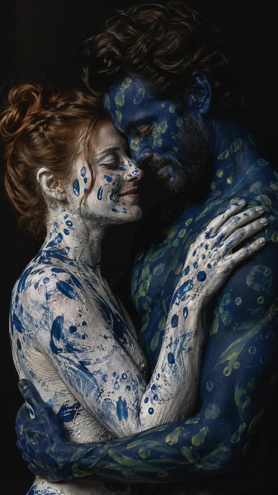Casal pintado se abraçando em retrato artístico íntimo