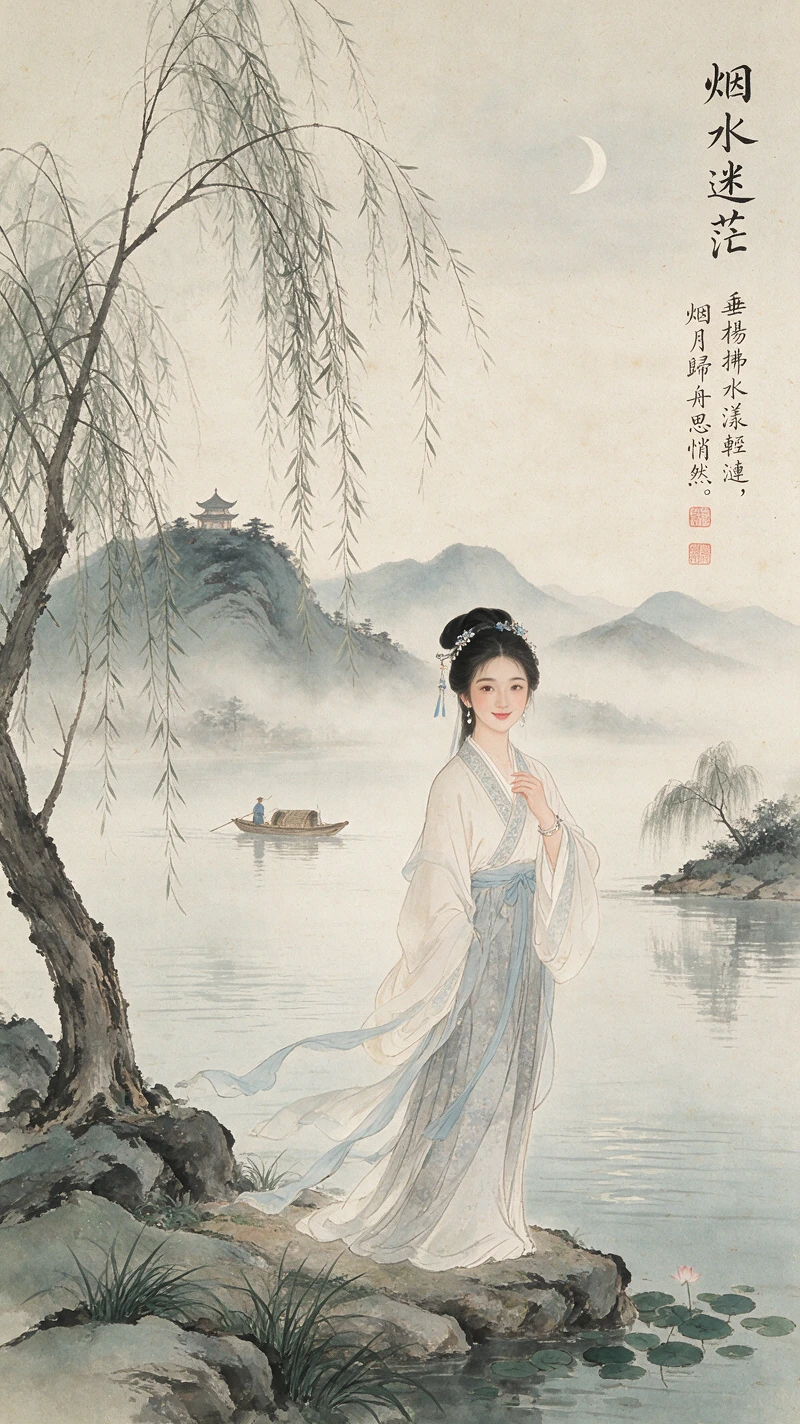 Woman in flowing hanfu in serene ink landscape
