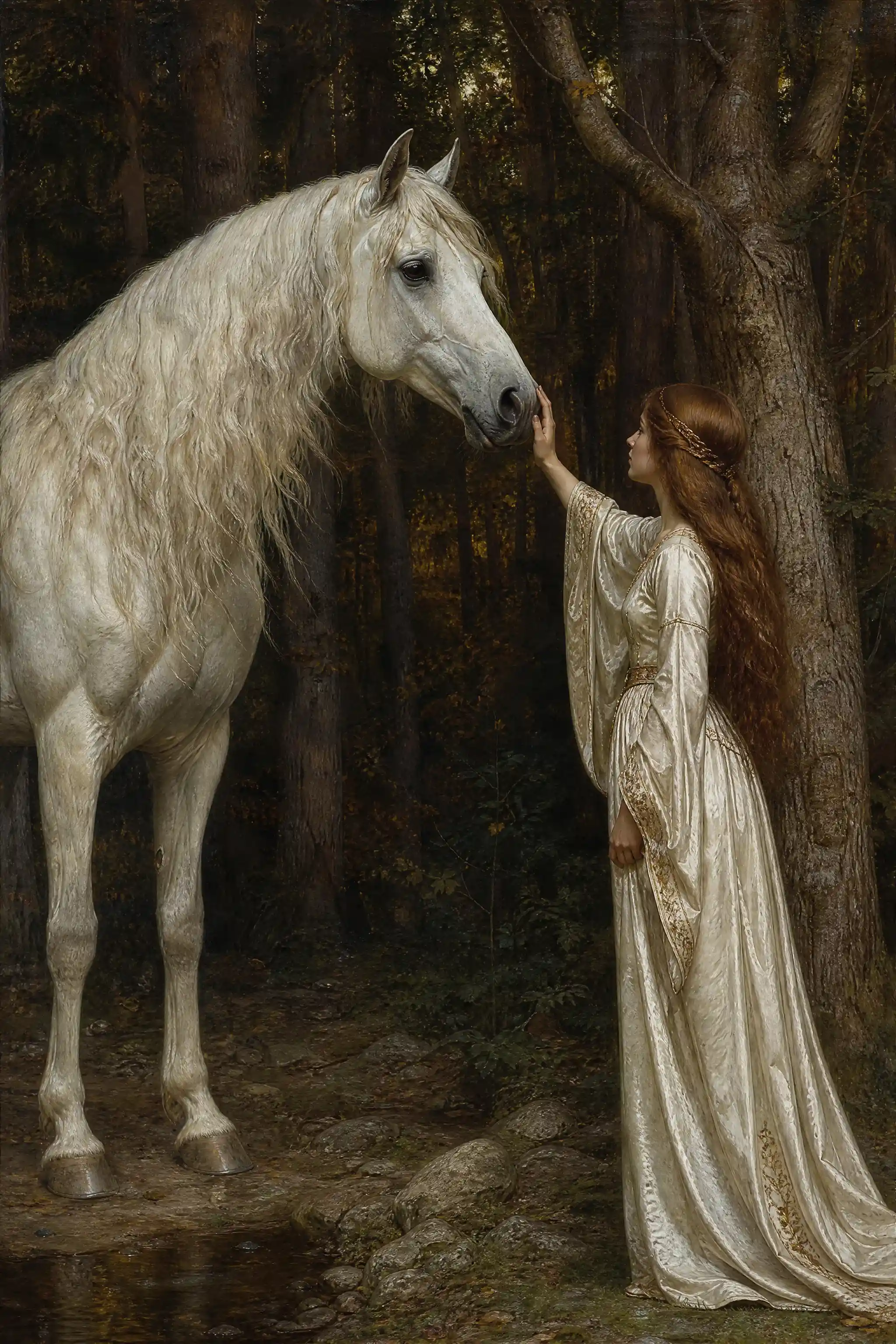 Young woman calming a white horse among forest trees