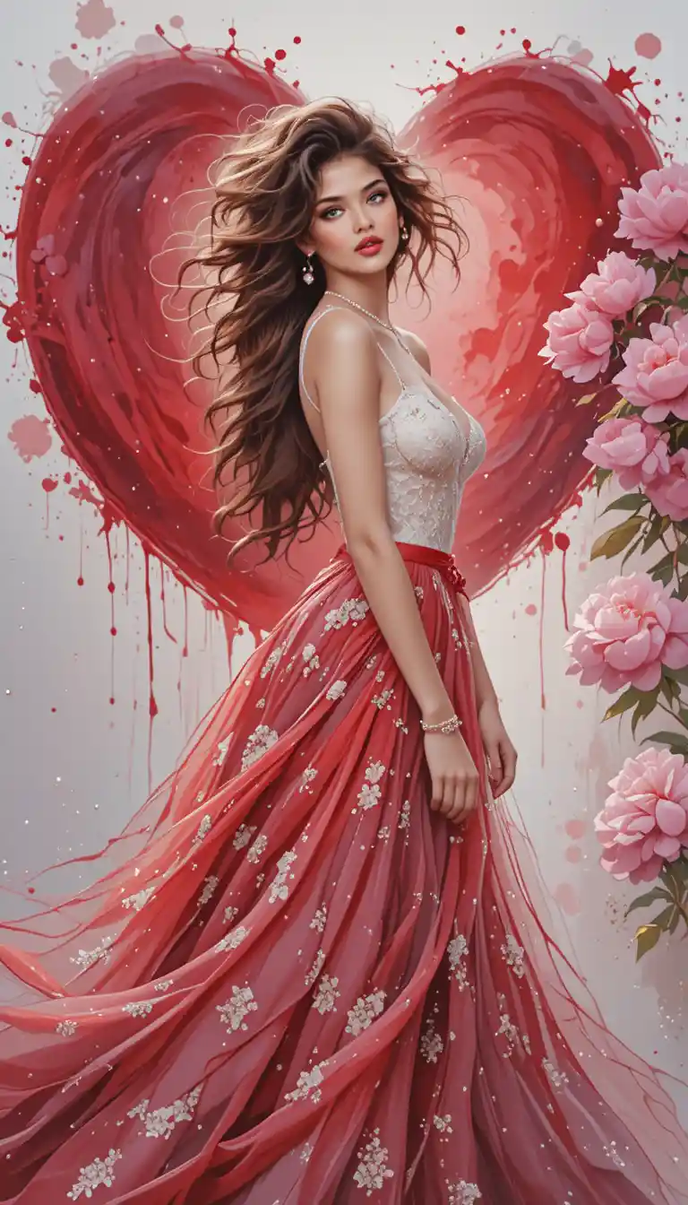 Mujer romántica con falda roja, corazón y peonías