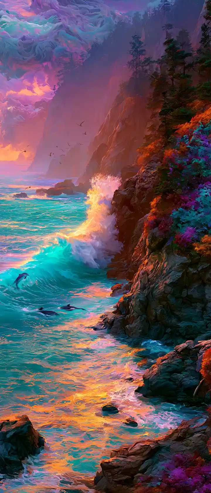 Turquoise ocean wave crashing against a dramatic rocky coastline