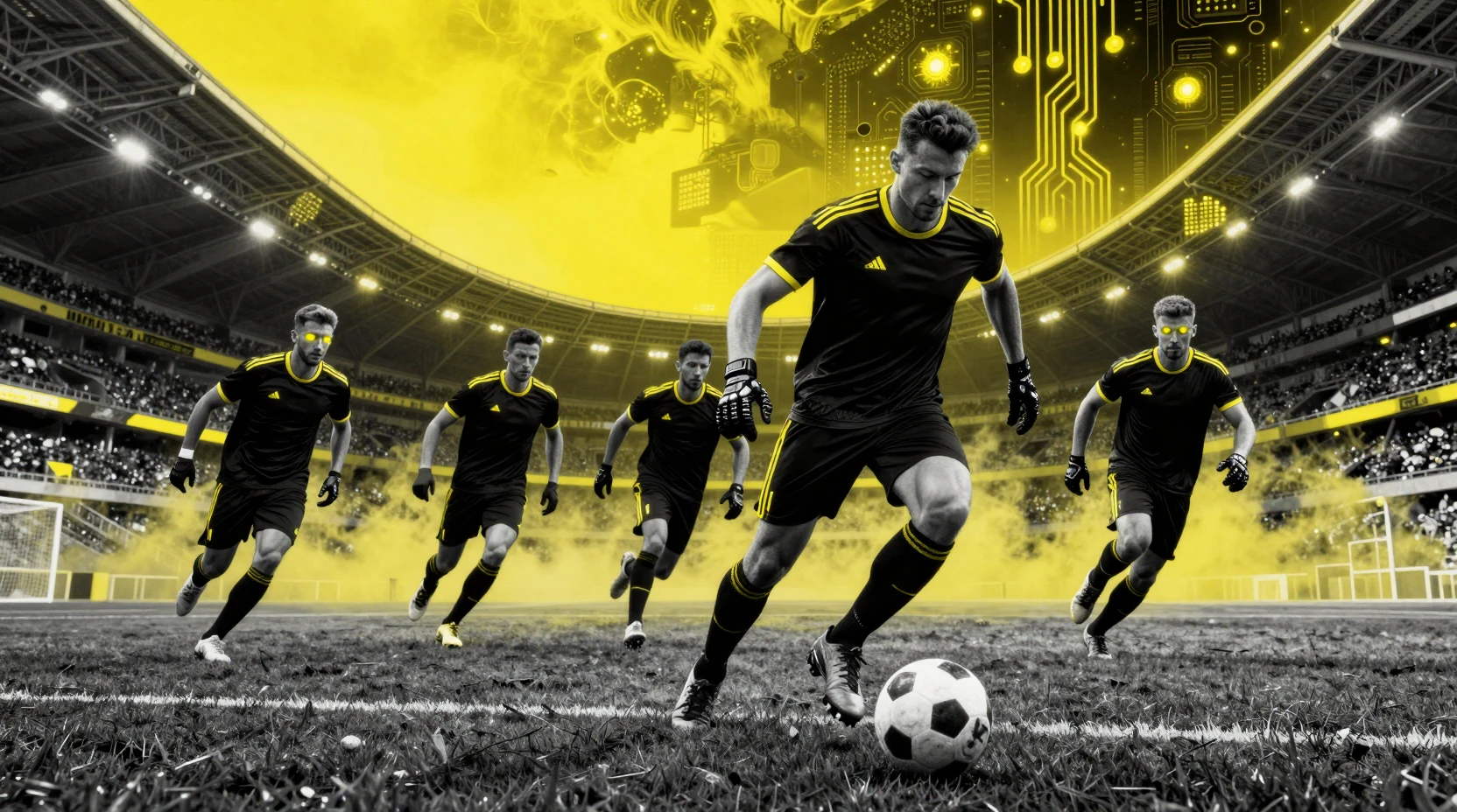 Futuristic soccer players in neon armor sprint across stadium turf