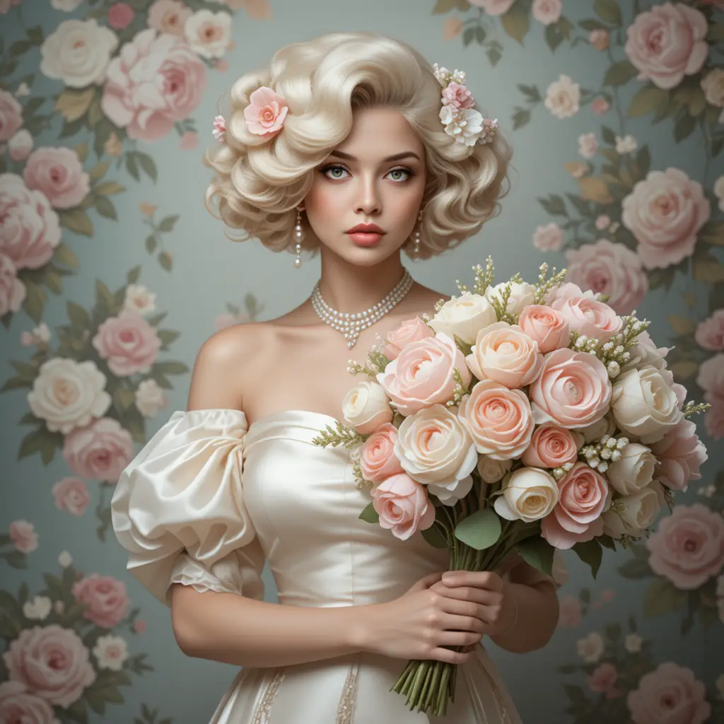 Elegant blonde woman in satin gown with floral bouquet