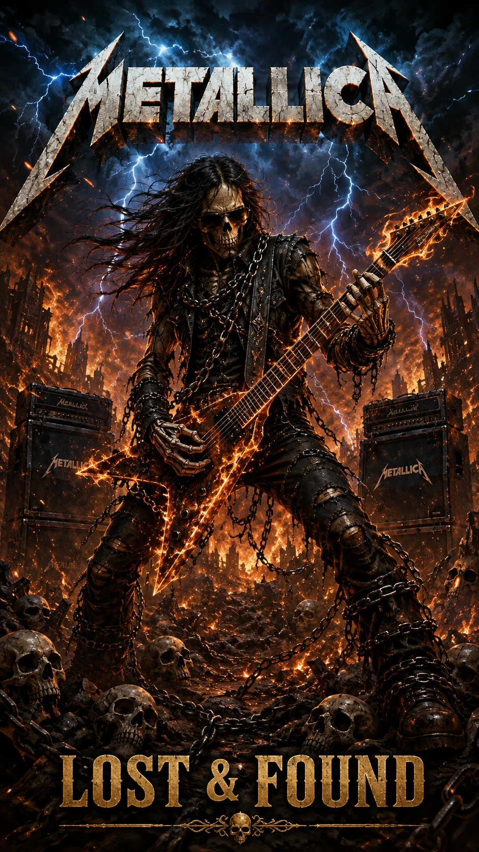 Rockero esquelético tocando una guitarra ardiente entre llamas apocalípticas