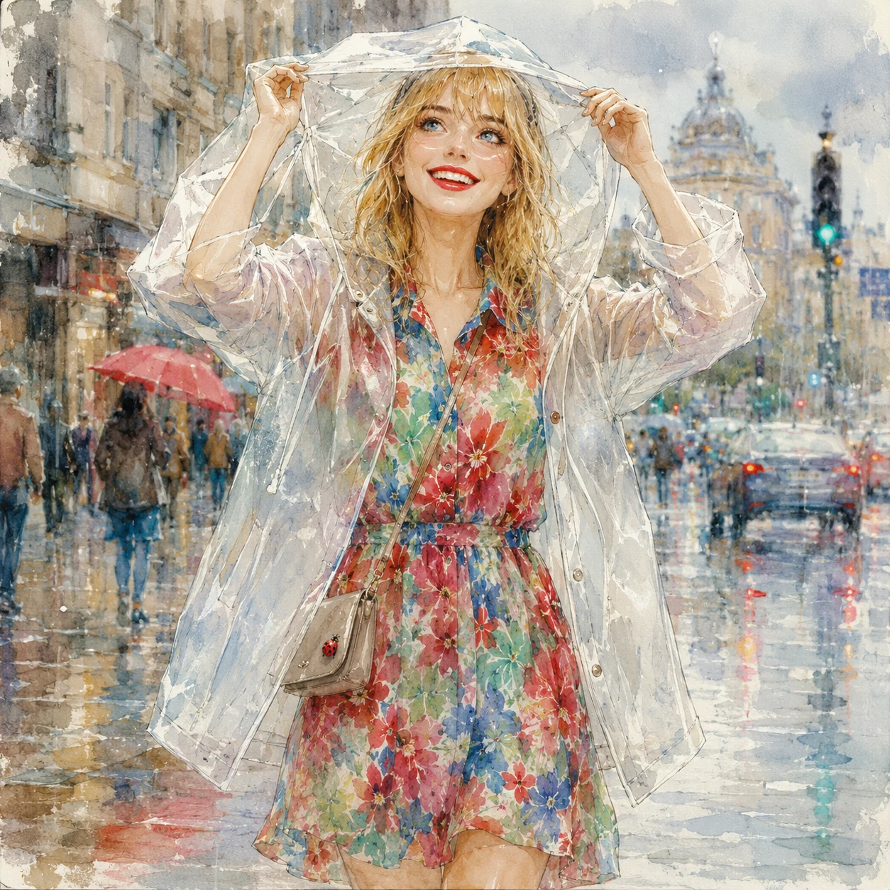 Young blonde girl in raincoat on a rainy city street