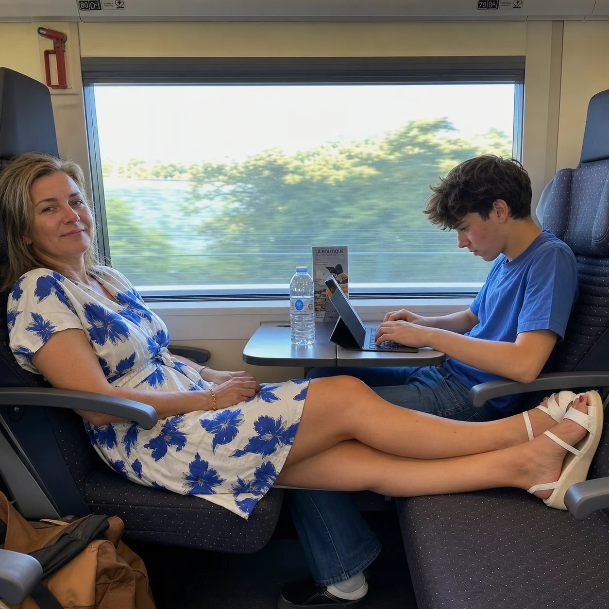 Frau ruht sich mit ausgestreckten Beinen auf einem Bahn­sitz aus