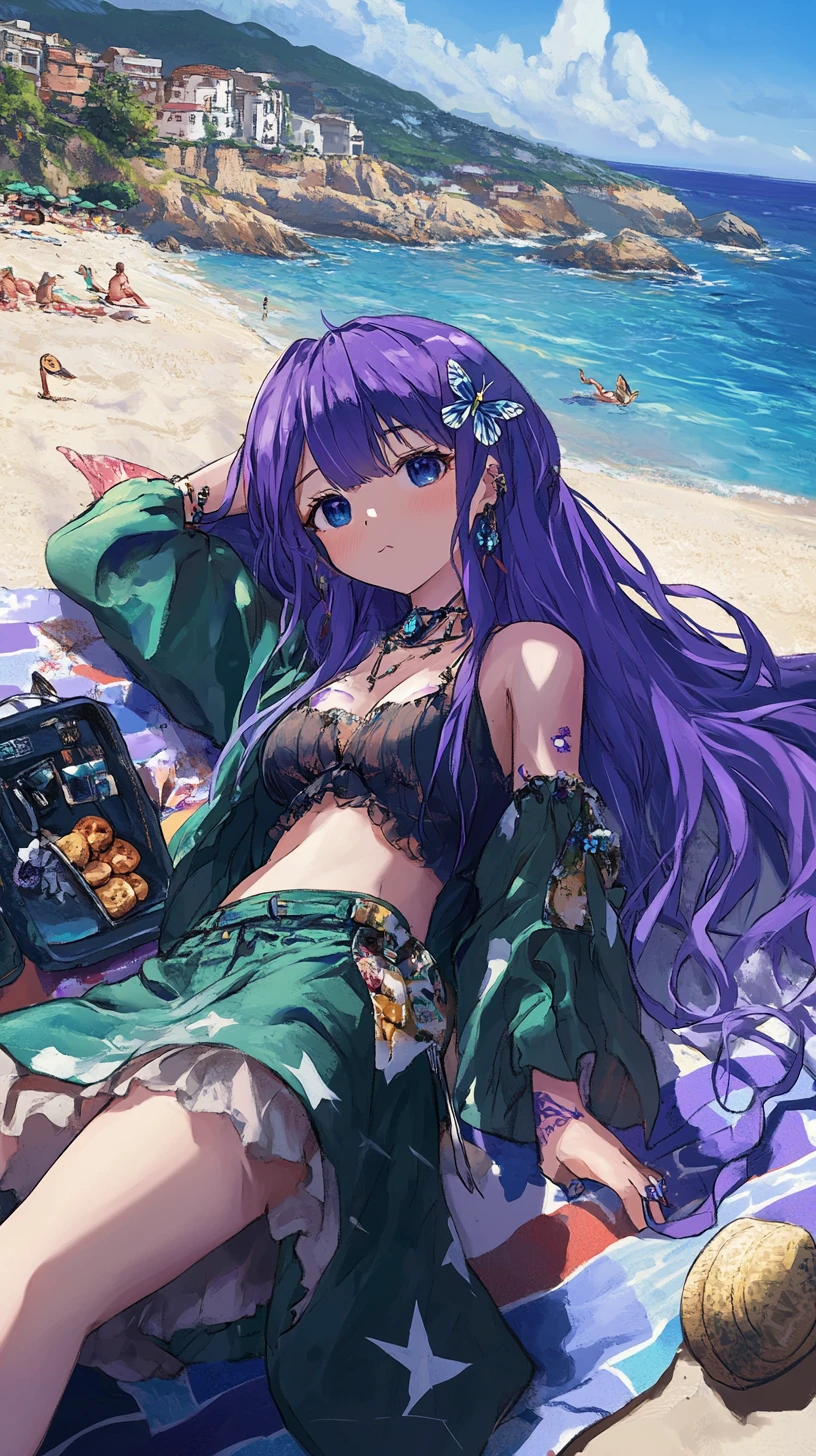 Chica de anime relajándose sobre una colorida toalla en la playa