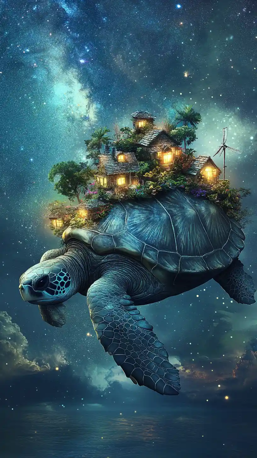 Gigantic sea turtle island gliding across a calm starlit ocean