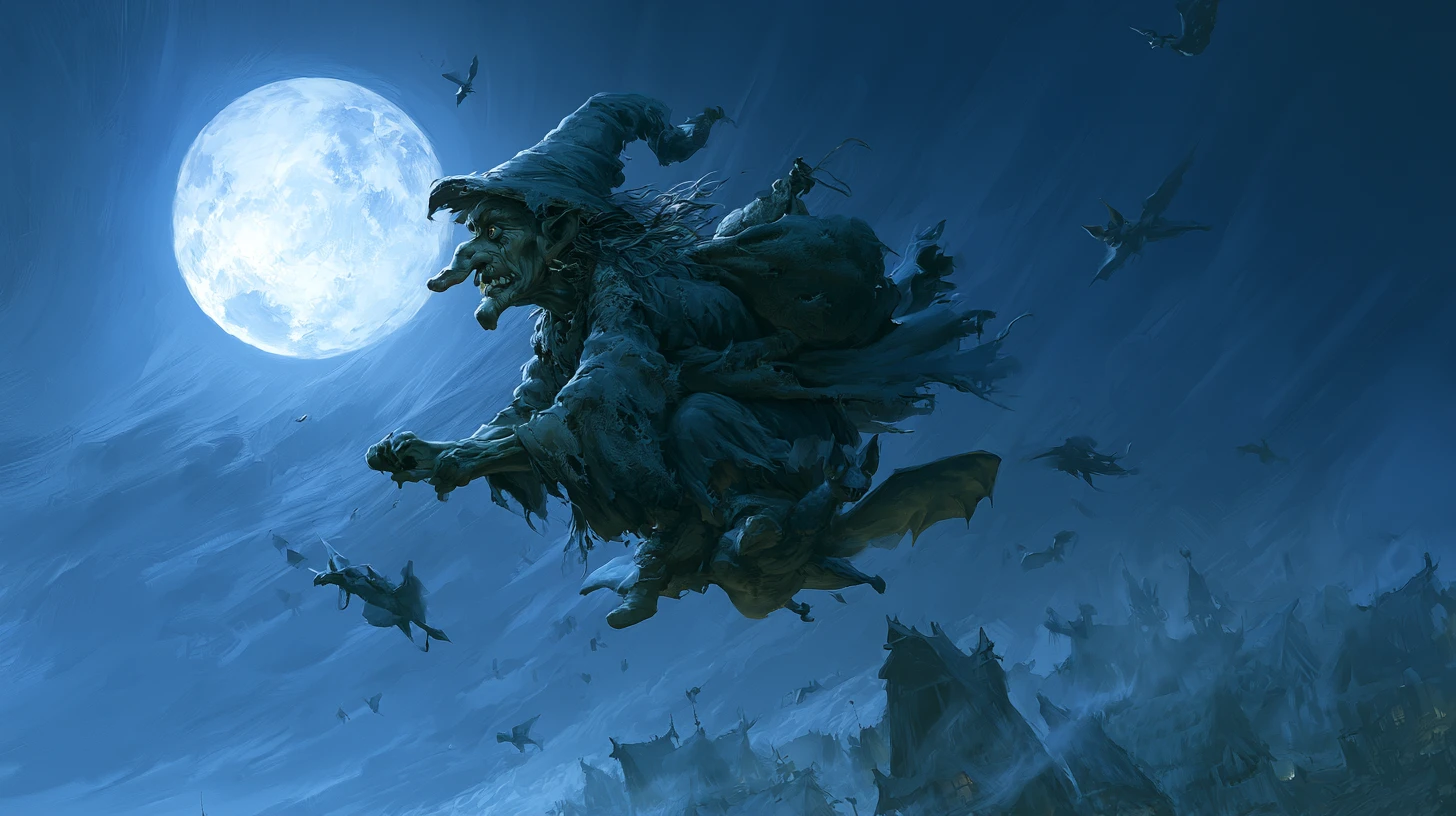 Anciana bruja verde volando sobre un pueblo en un cielo iluminado por la luna