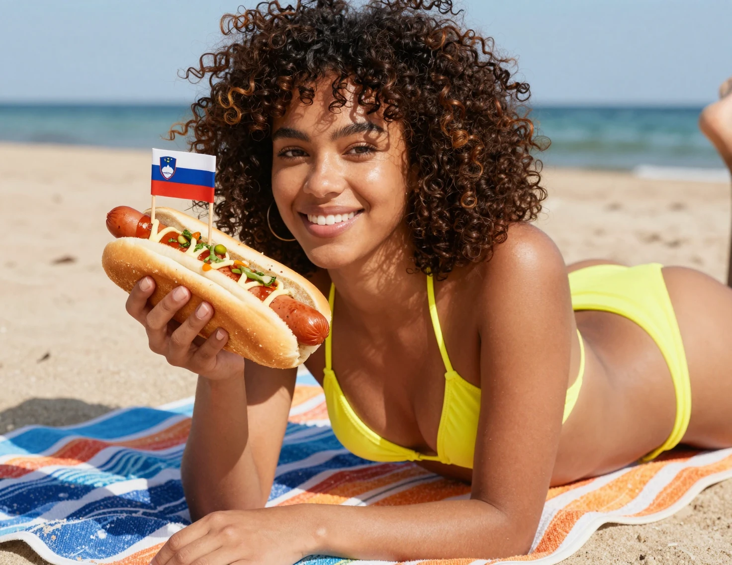 Young woman relaxing on beach towel with hot dog