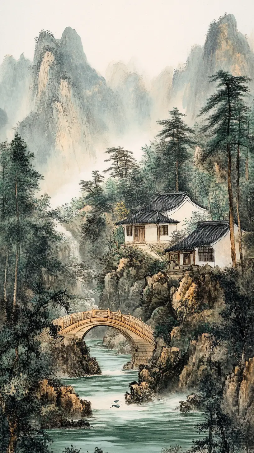 Tranquilo pueblo de montaña chino con puente y arroyo