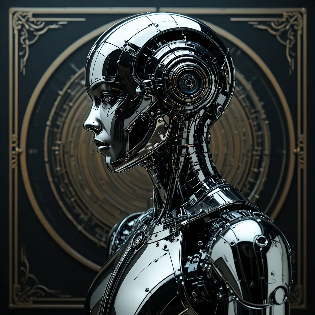 Perfil de androide cromado futurista sobre fondo art déco oscuro