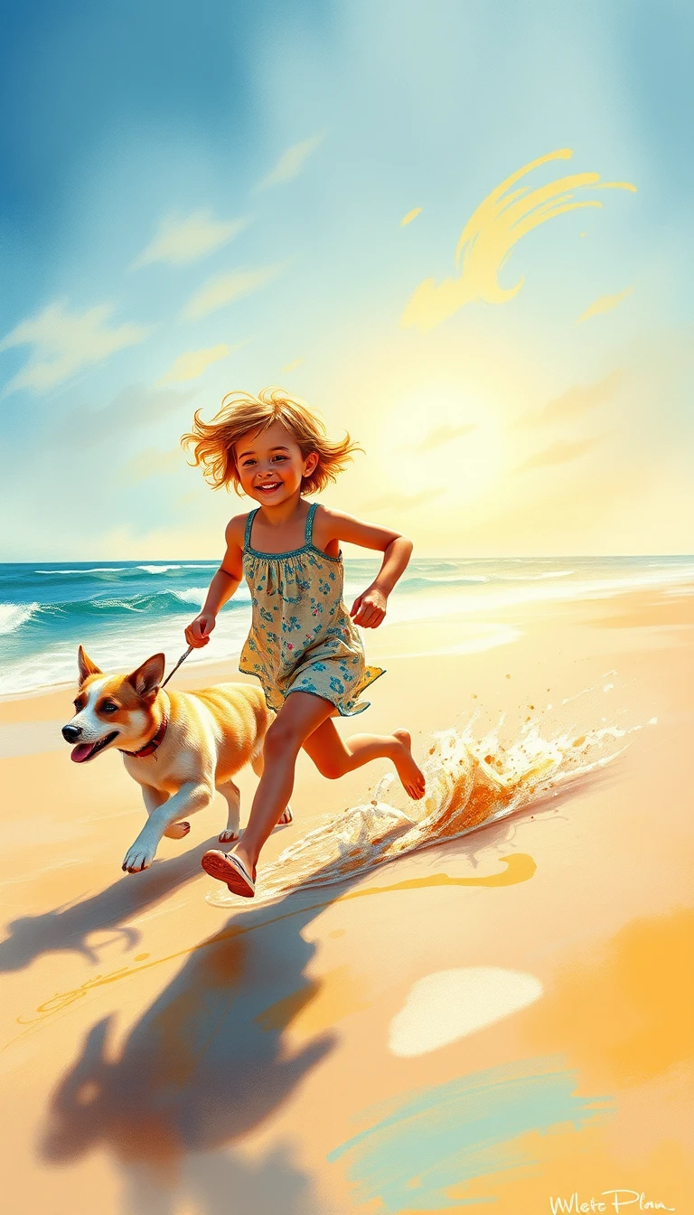 Criança correndo na praia com um cachorrinho feliz