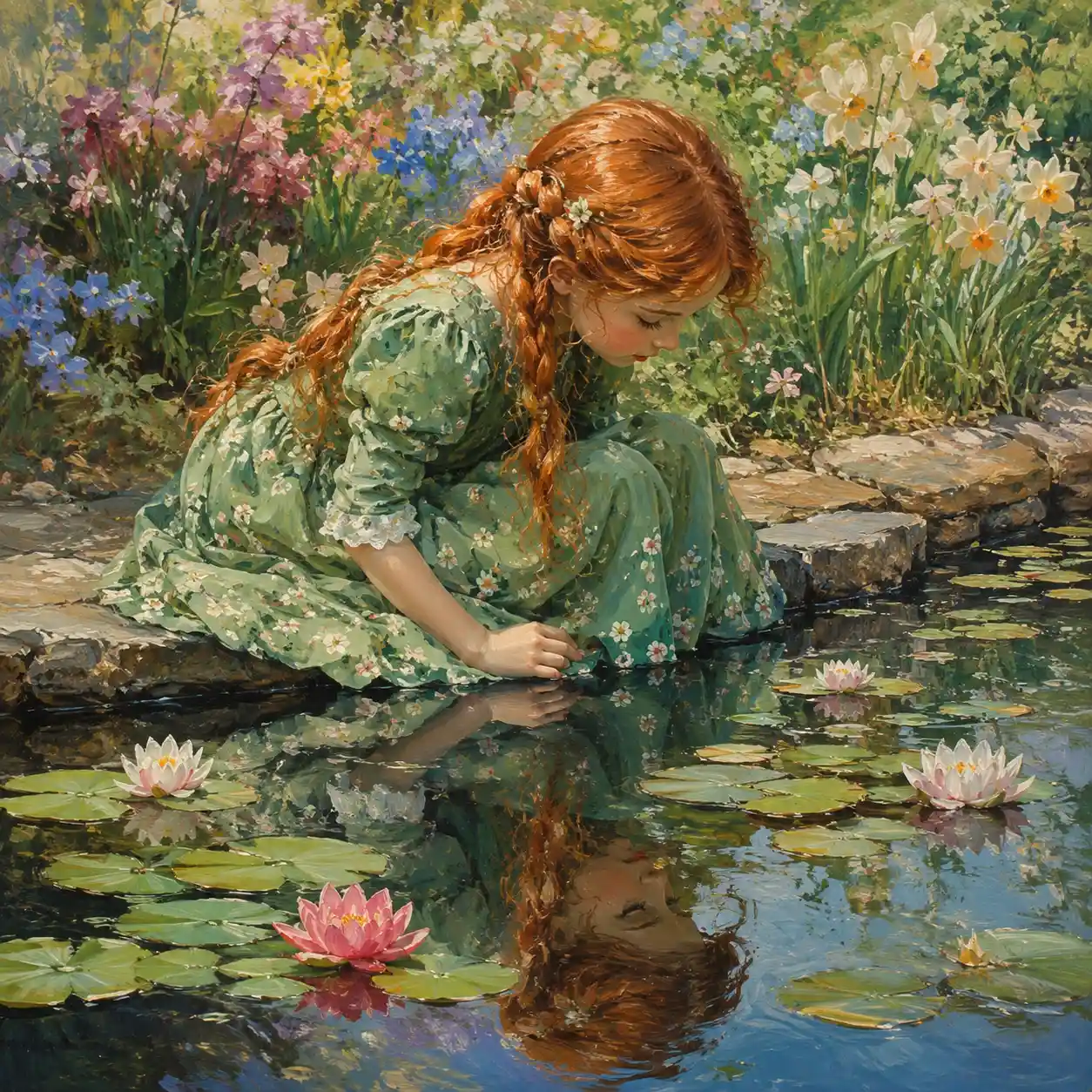 Red haired girl by a pond gazing at her reflection