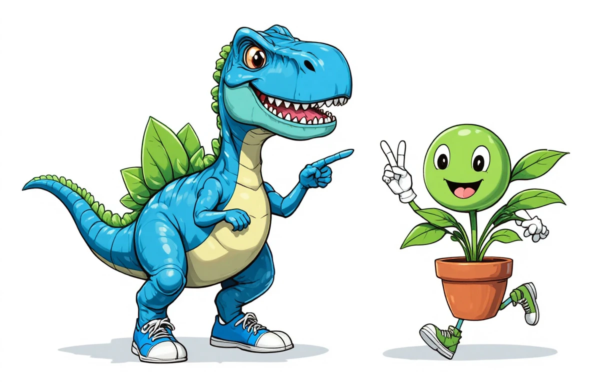Playful Blue Cartoon Dinosaur With Walking Potted Plant