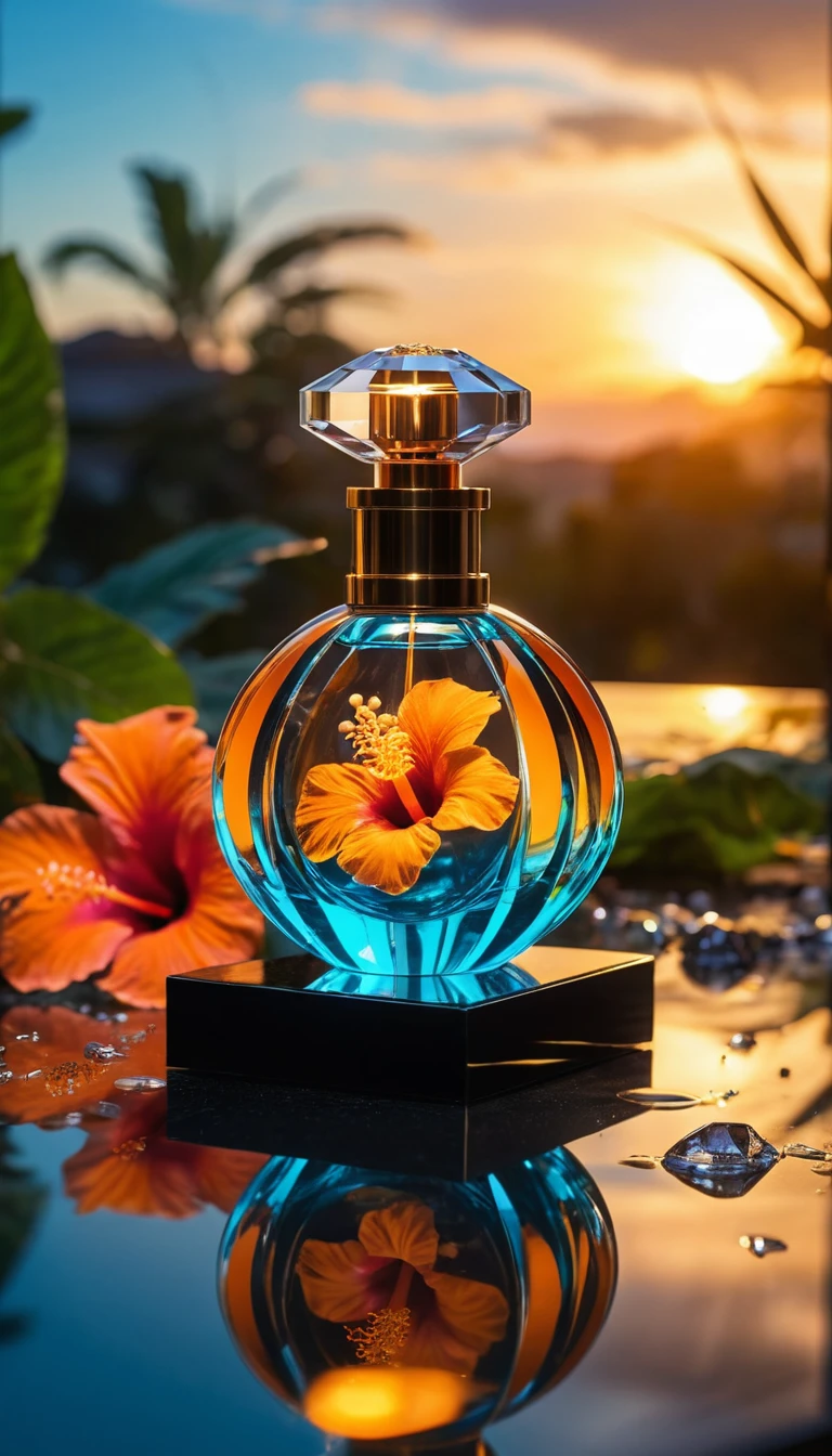 Frasco de perfume en erupción con estallido de niebla aromática dorada