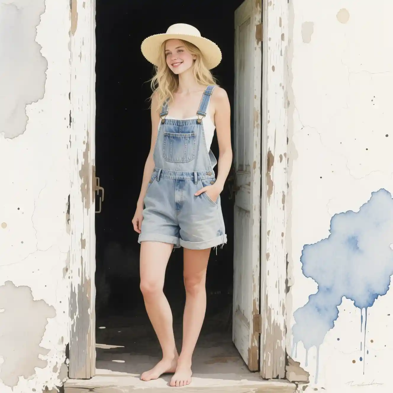 Young woman in denim overalls in a rustic doorway watercolor