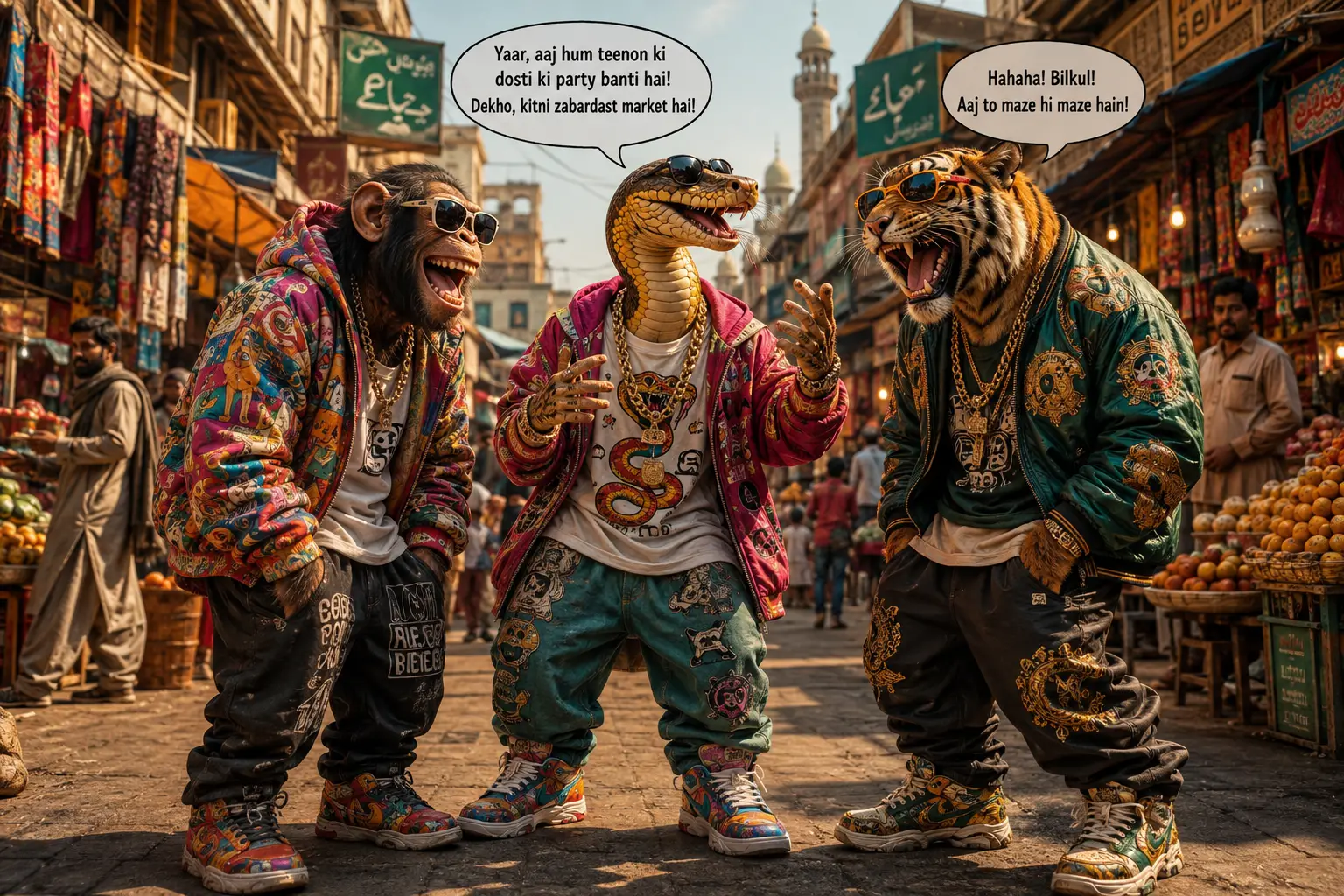 Amigos serpientes con estilo en un mercado lleno de color