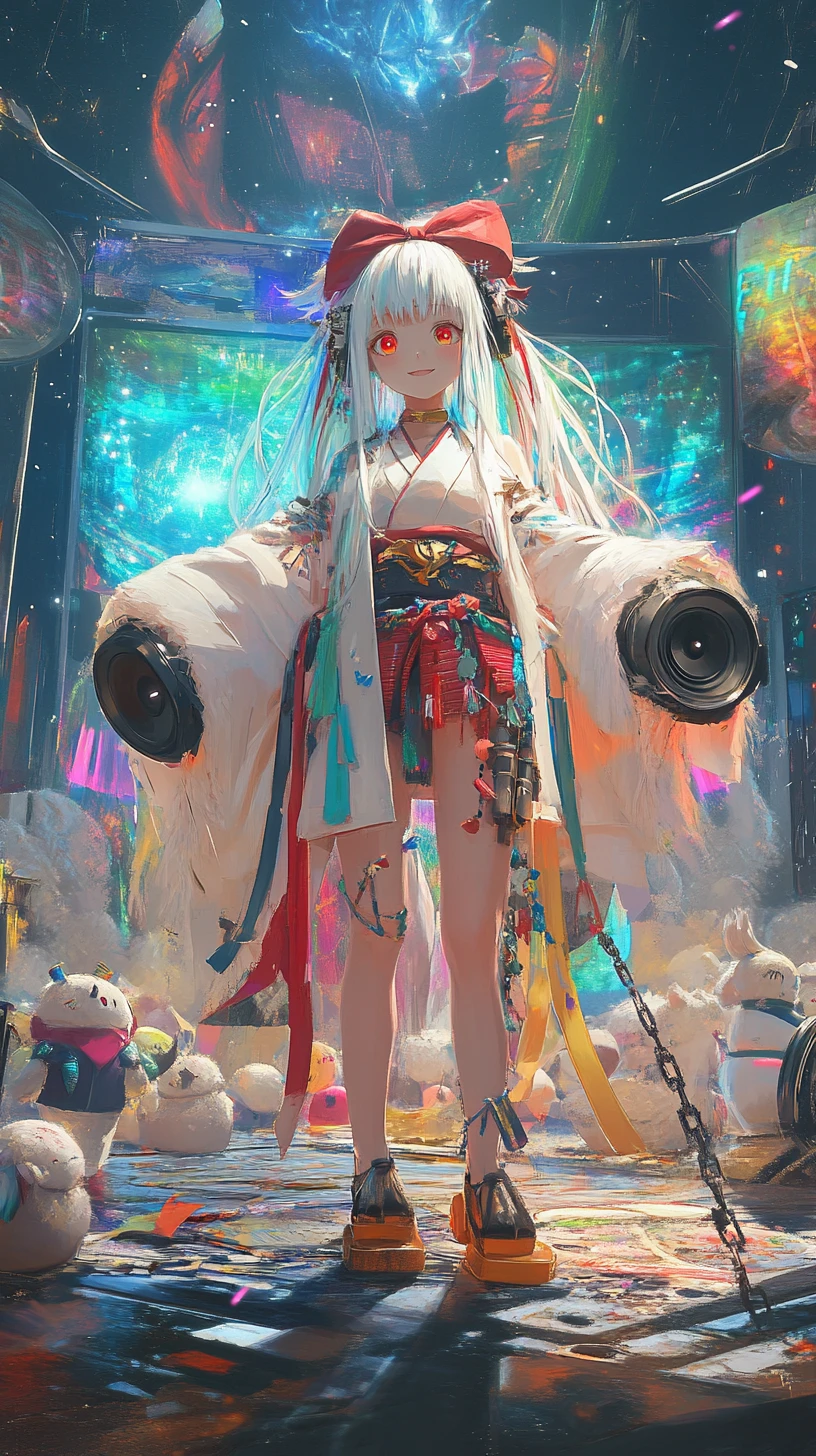 Chica de anime cantando en un escenario de concierto futurista