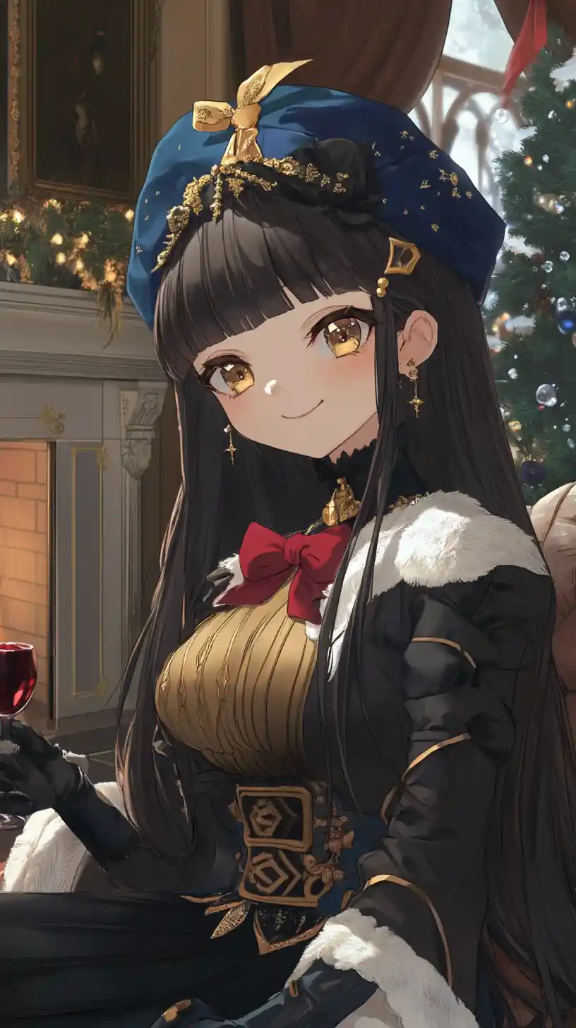 Garota de anime elegante em traje ornamentado sentada em um quarto