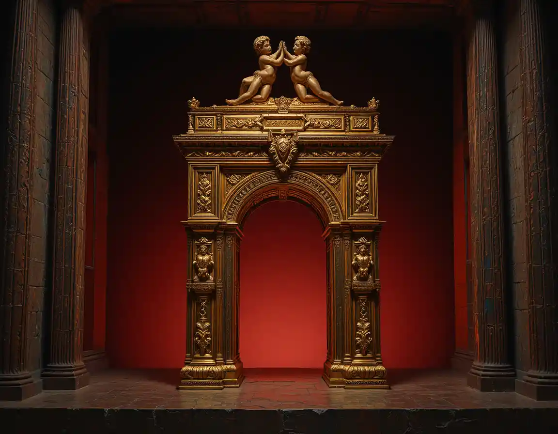 Arca de la Alianza dorada sobre fondo rojo oscuro y dramático