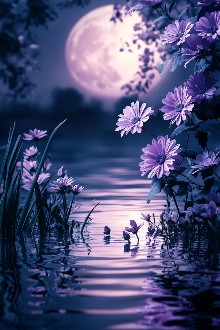 Flores ao luar refletidas na tranquila água roxa