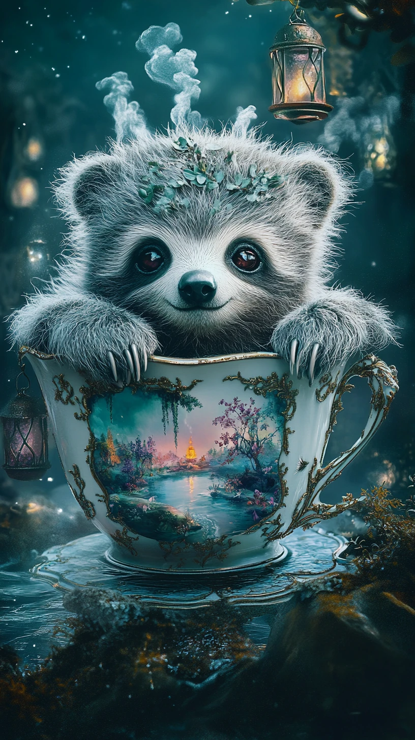 Shaggy sloth bear in ornate teacup with surreal landscape