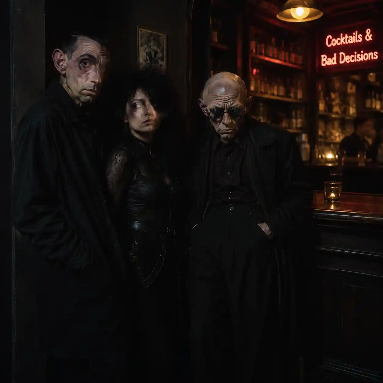 Three people gathered together in the shadows of a bar